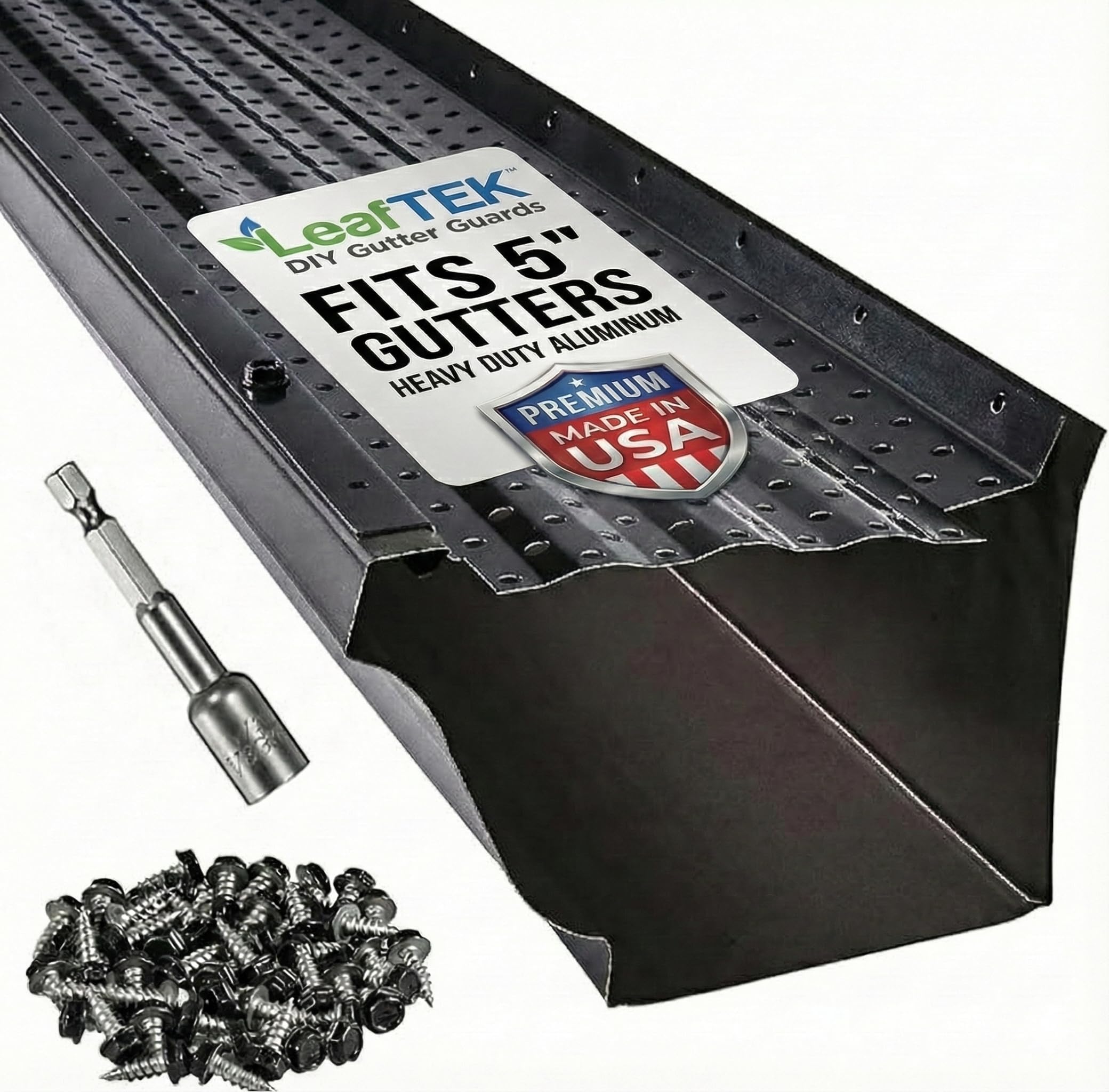 LeafTEK Heavy-Duty Aluminum Gutter Guard System, Fits 5 in, 32 ft, Black | Contractor-Trusted โข DIY Install Kit with Screws & Driver โข Made in USA โข Lifetime replacement warranty