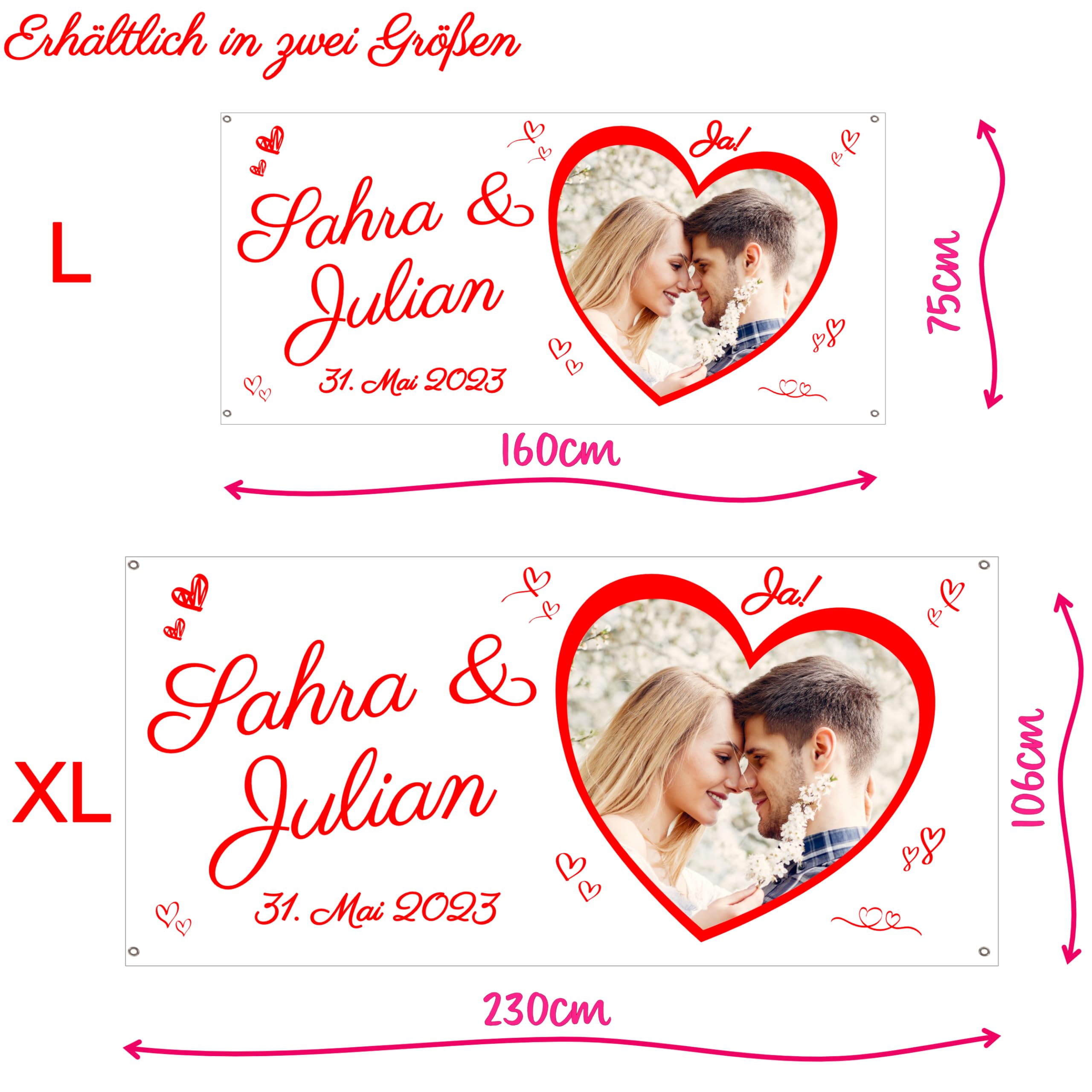 Hochzeitsbanner personalisiert, Hochzeits-Banner mit Foto, Namen und Hochzeitsdatum des Brautpaares (Hochzeit 1)