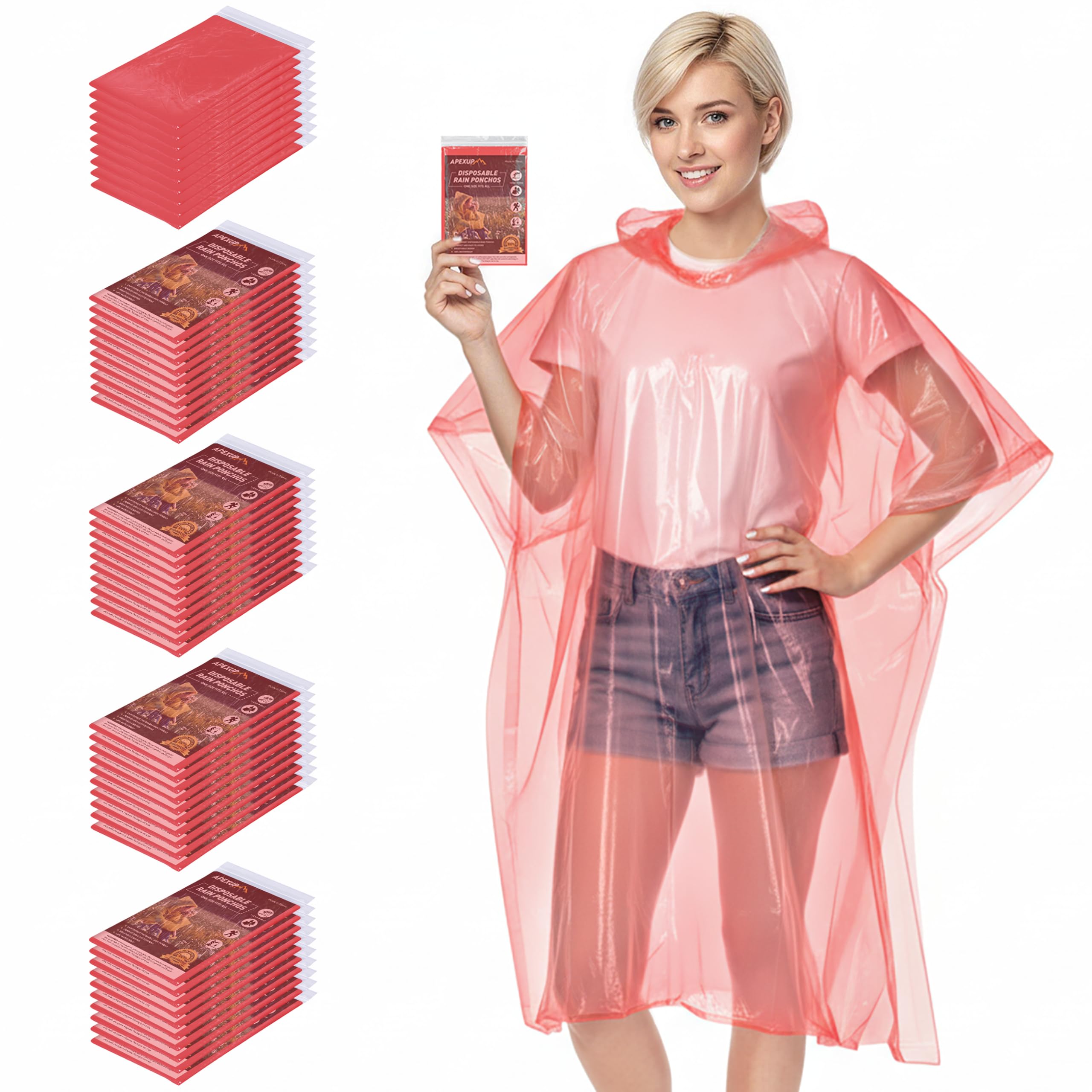 Photo 1 of APEXUP Disposable Rain Ponchos for Adults, 5PK/10PK/50PK Emergency Rain Poncho for Camping Hiking Travelling (Red, 50 Pack)