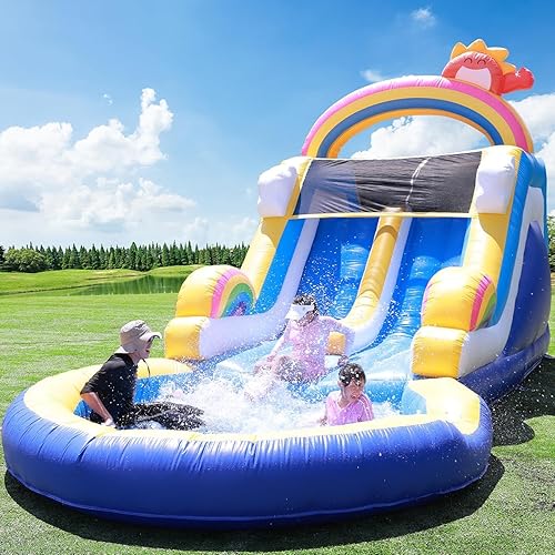 24FT(L) Inflatable Commercial Water Slide for Adults Kids, 100% PVC Adult Double Water Slide with 1100W Blower, 15oz Heavy Duty Vinyl Blow Up Waterslides Backyard Outdoor, 24x11x12ft