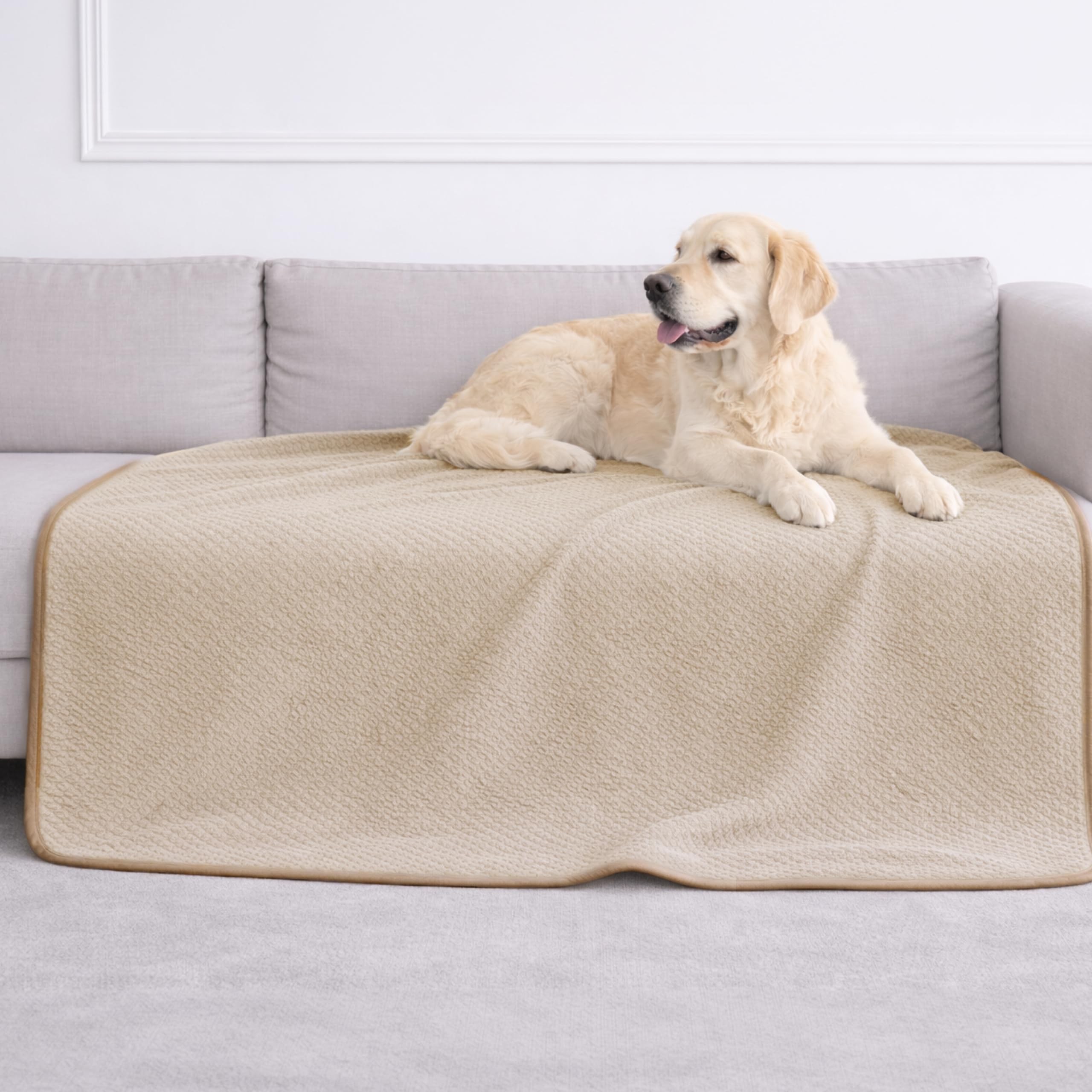 Dreamzie Coperta Impermeabile 127x152cm - Cerata Letto Matrimoniale Reversibile e Lavabile in Lavatrice in Pile Sherpa per Letto o Divano - Copridivano impermeabile per animali - Beige