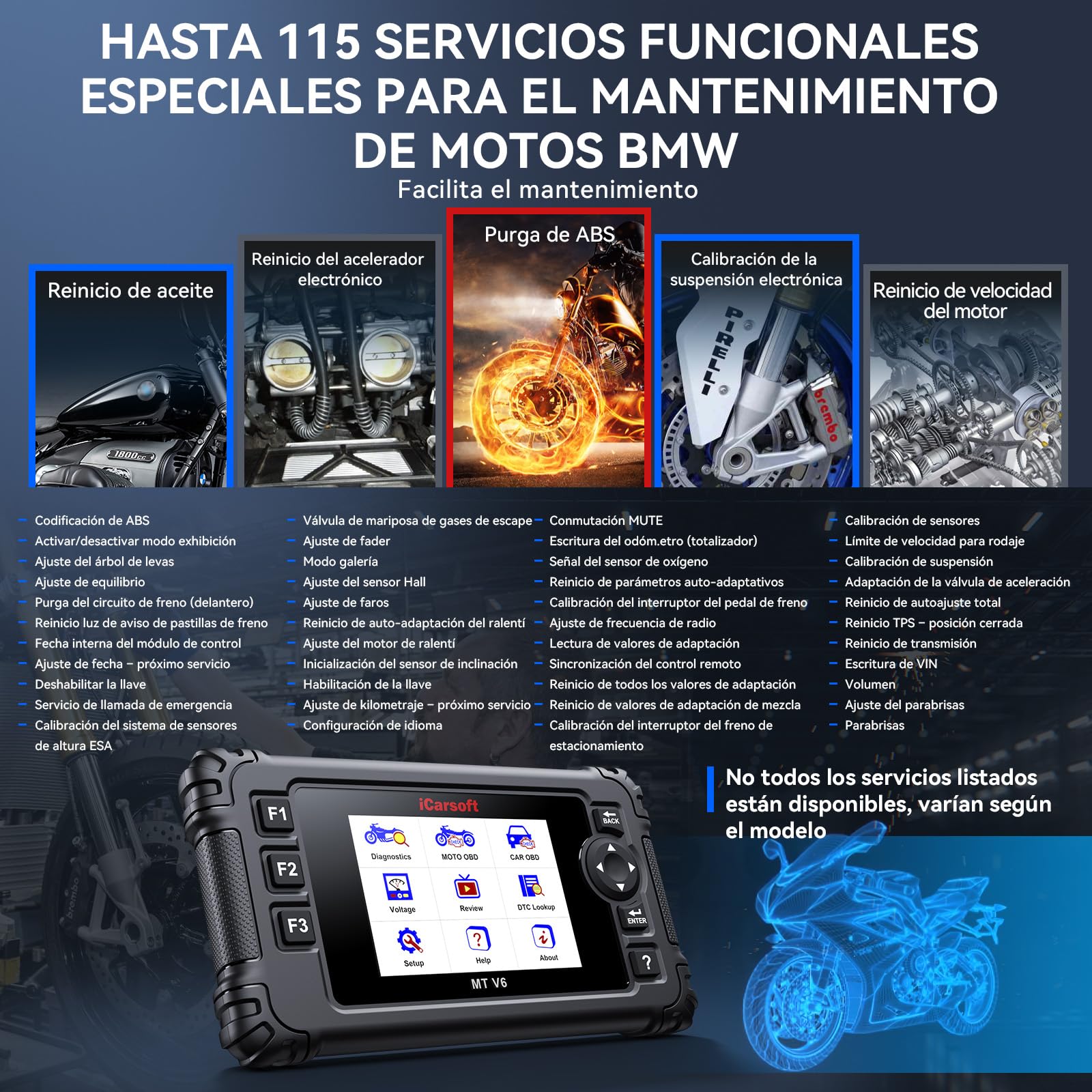iCarsoft MT V6 para B.M.W Motocicletas, Herramienta Diagnóstico Bidireccional para B.M.W Moto, Lector de Códigos para Moto Completo de Sistemas, OBD2 Escáner con 115 Funciones de Servicio