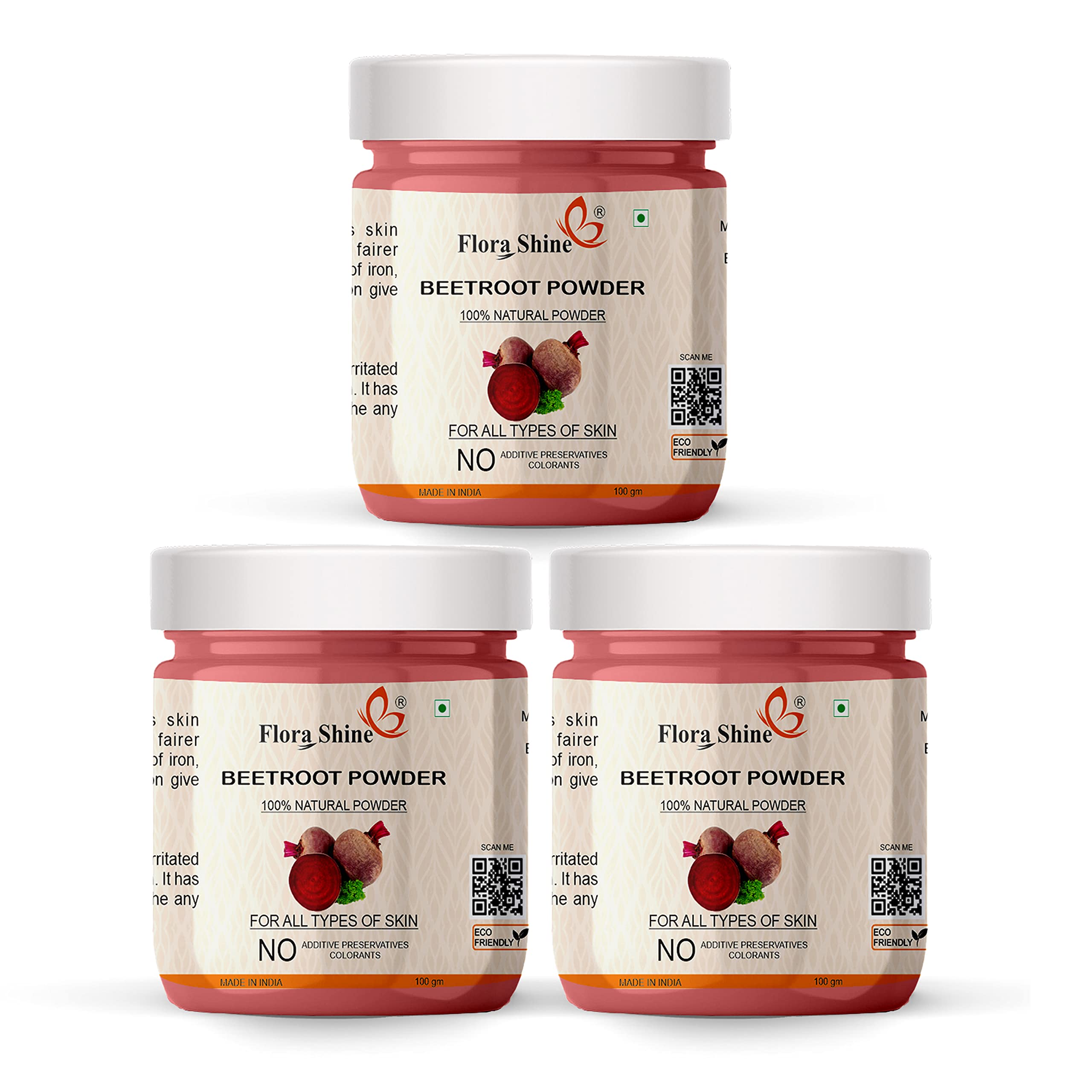 Flora Shine 100% Pure & Natural Beetroot Powder For Pinkish,Soft, Pimple free, Extra Glowing & Shiny Skin Face Pack Each (100 g) ((Pack of 3) 300 GM)