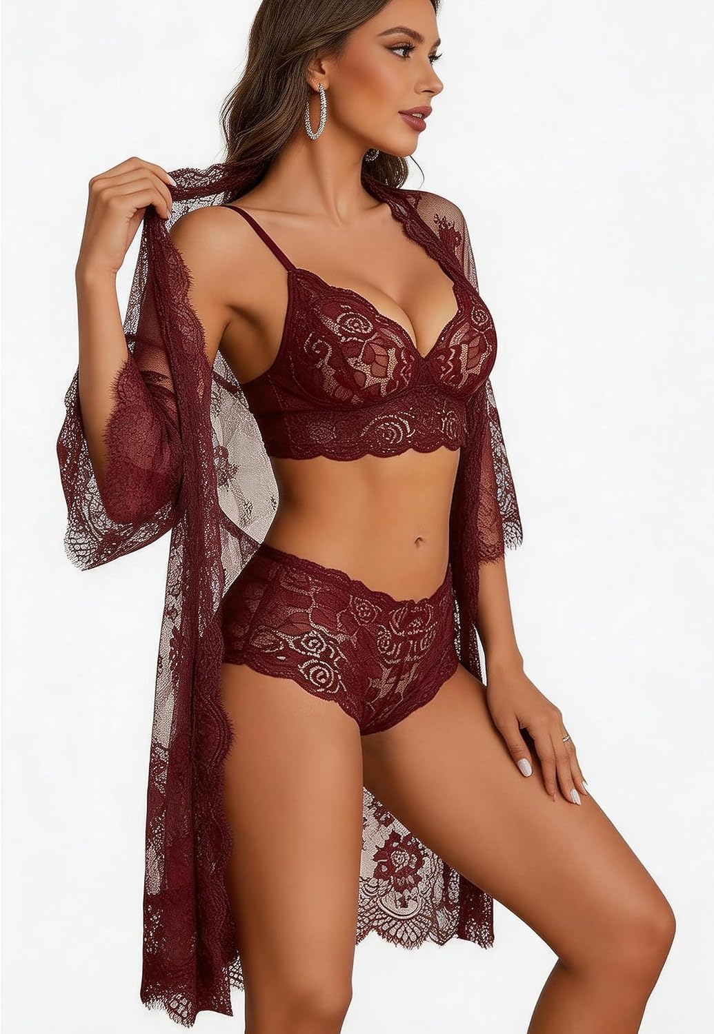 Women Lingerie Set 3 Piece Bobydoll With Kimono Robe Sleepwear Nightgown | 3 piece，lingerie set， lace tirm，confortable，soft and not itchy