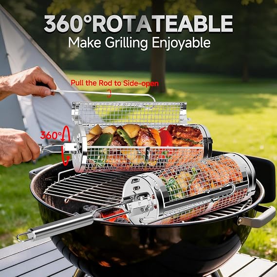 Chenovate Heavy Duty Rolling Grill Baskets with Side-opening and Removable Handle,Grill Accessories for Veggies Shrimp Meat,Food-grade Stainless Steel,Kitchen Gadgets Fits Outdoor Cooking & Picnics,Camping Essentials,Ideal Gifts for Father's Day,Festival,Birthday,Anniversary2 Pack