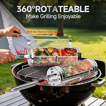 Chenovate Heavy Duty Rolling Grill Baskets with Side-opening and Removable Handle,Grill Accessories for Veggies Shrimp Meat,Food-grade Stainless Steel,Kitchen Gadgets Fits Outdoor Cooking & Picnics,Camping Essentials,Ideal Gifts for Father's Day,Festival,Birthday,Anniversary2 Pack