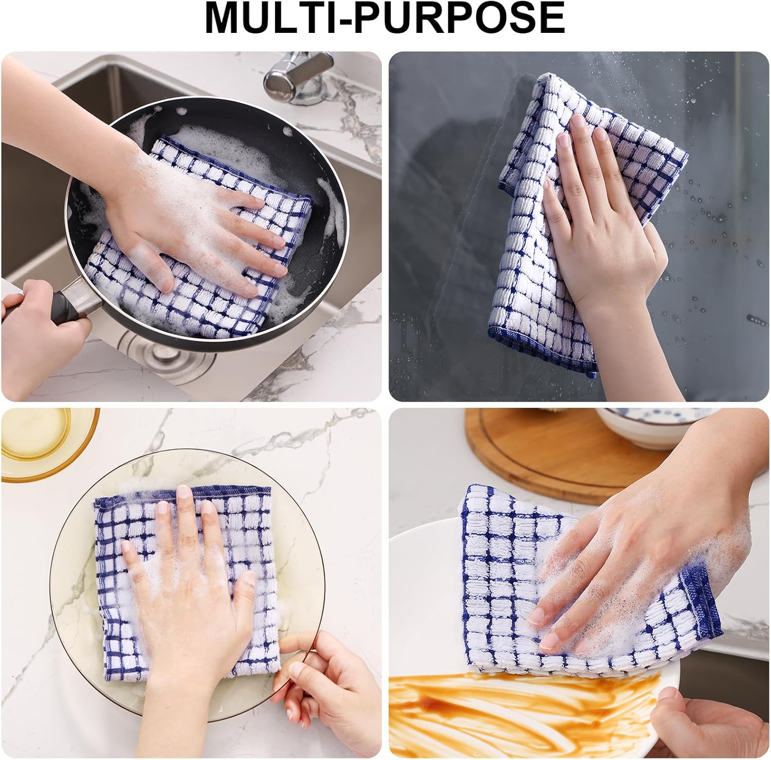 Kitinjoy Cotton 24 Pack Terry Kitchen Dish Cloths, 12 x 12 Inches Super Soft and Absorbent Dish Rags, Quick Drying Dish Towels for Washing Dishes, Blue