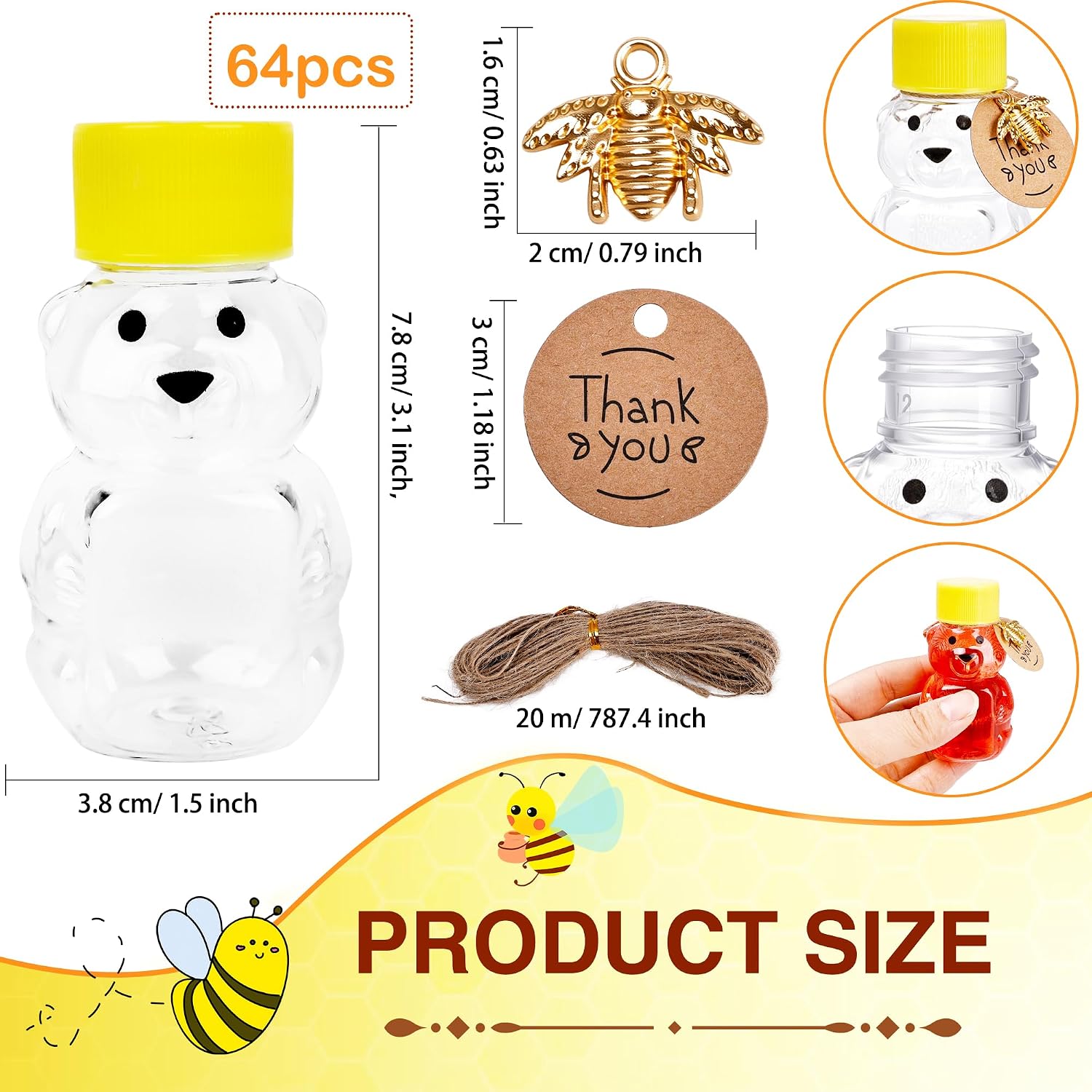 64 Pcs 2 oz Plastic Honey Bear Bottles Mini Bear Shape Empty Honey Jars with Lids 64 Bee Accessories 100 Tags 1 Rolls Jute Rope for Wedding Gifts Party Favors
