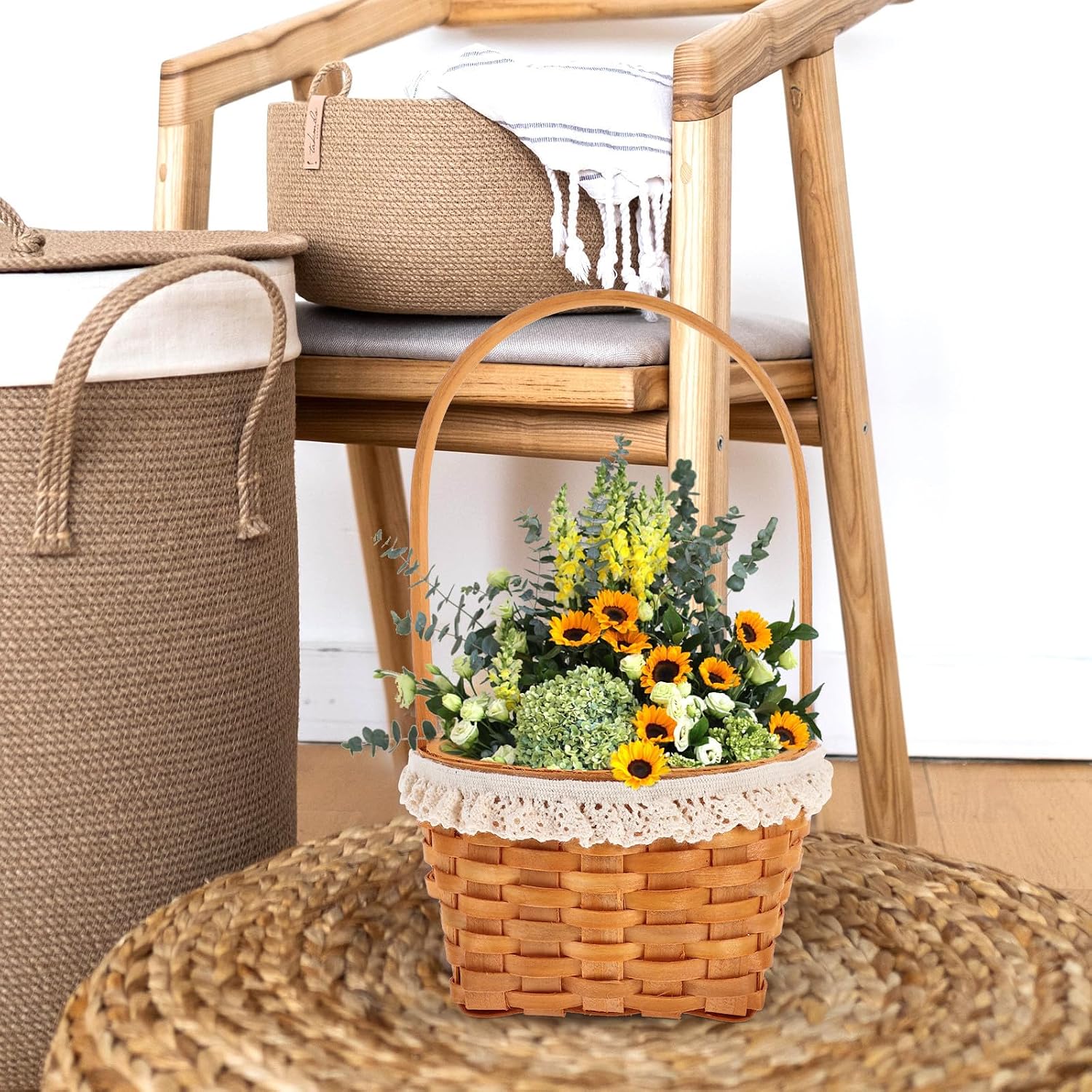 Mini Woven Flower Basket with Handle, Wooden Farmhouse Decor image 5