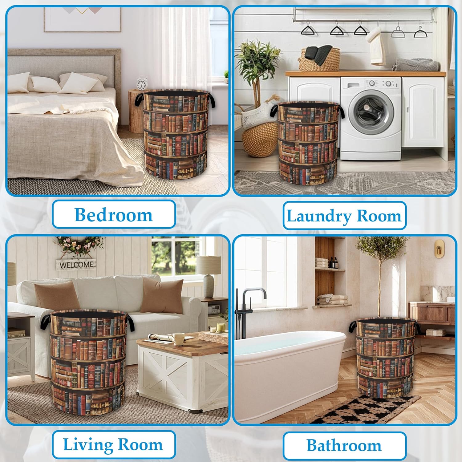 Retro Wooden Book shelf Laundry Basket Collapsible Laundry Hamper, Oxford Cloth Storage Bin for Room/Bathroom/Bedroom/Dormitories 16" X 20.8"