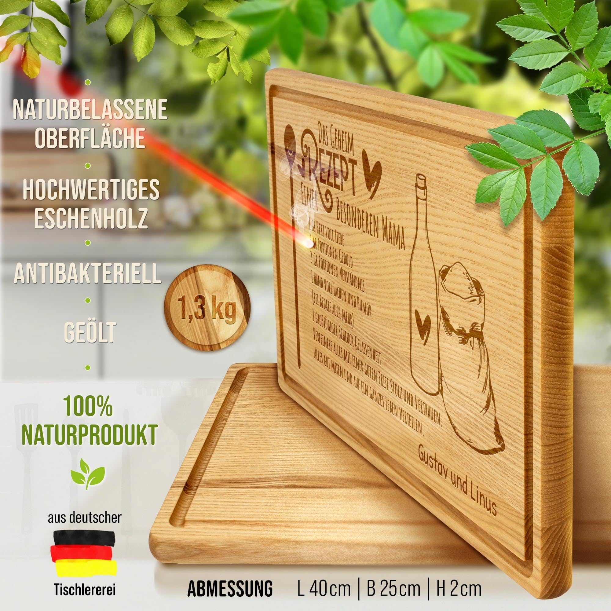 PR Print Royal Großes Holzbrett mit Gravur - Geheimrezept einer besonderen Mama - mit Name - Personalisiertes Geschenk zum Geburtstag, Muttertag - Schneidebrett Eschenholz, 40 x 25 x 2 cm