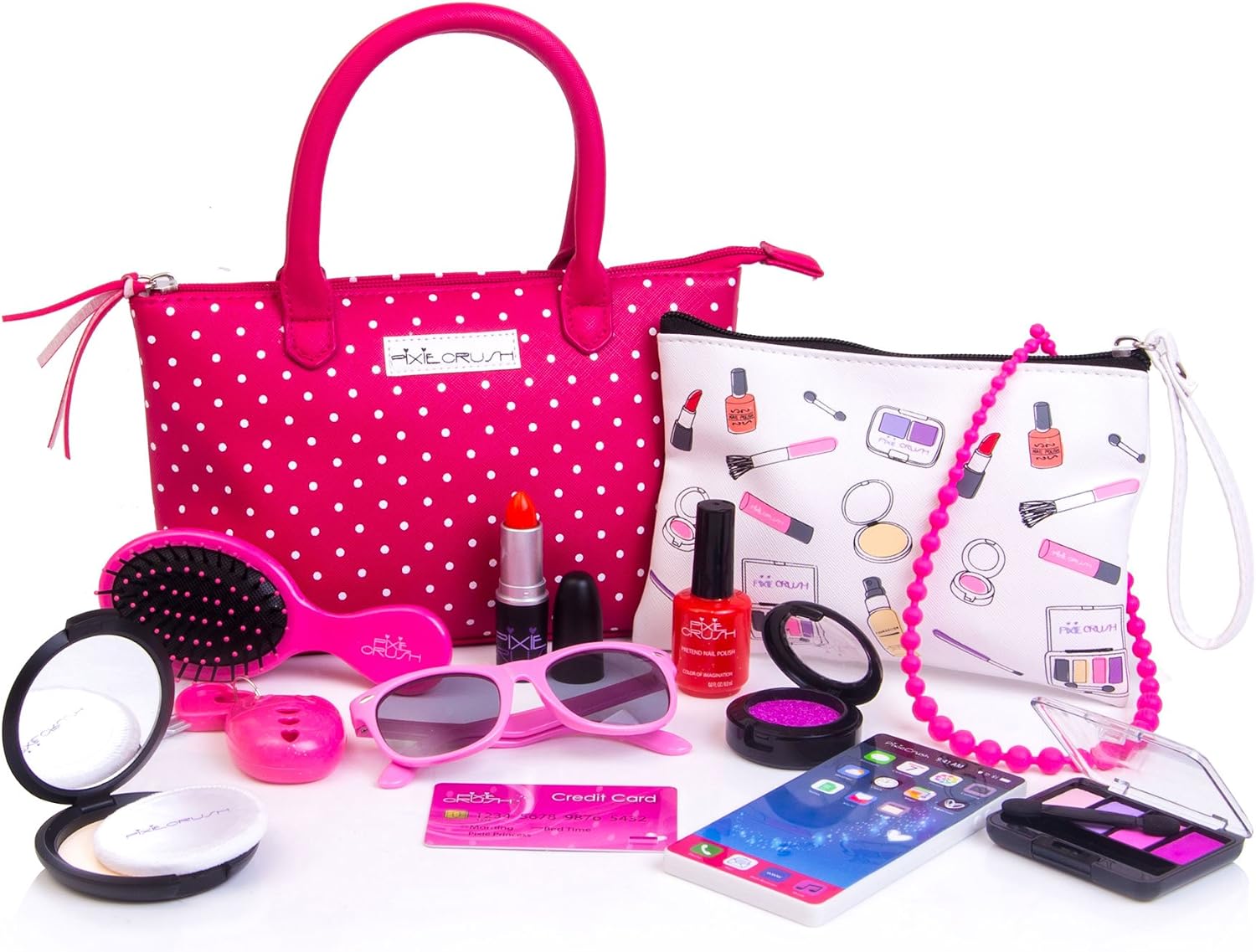 PixieCrush Deluxe Pretend Play Kid Purse Set for Girls with Handbag, Pretend Smart Phone, Keys, Pretend Makeup, Lipstick – Interactive & Educational Toy (Pink Polka Dot)