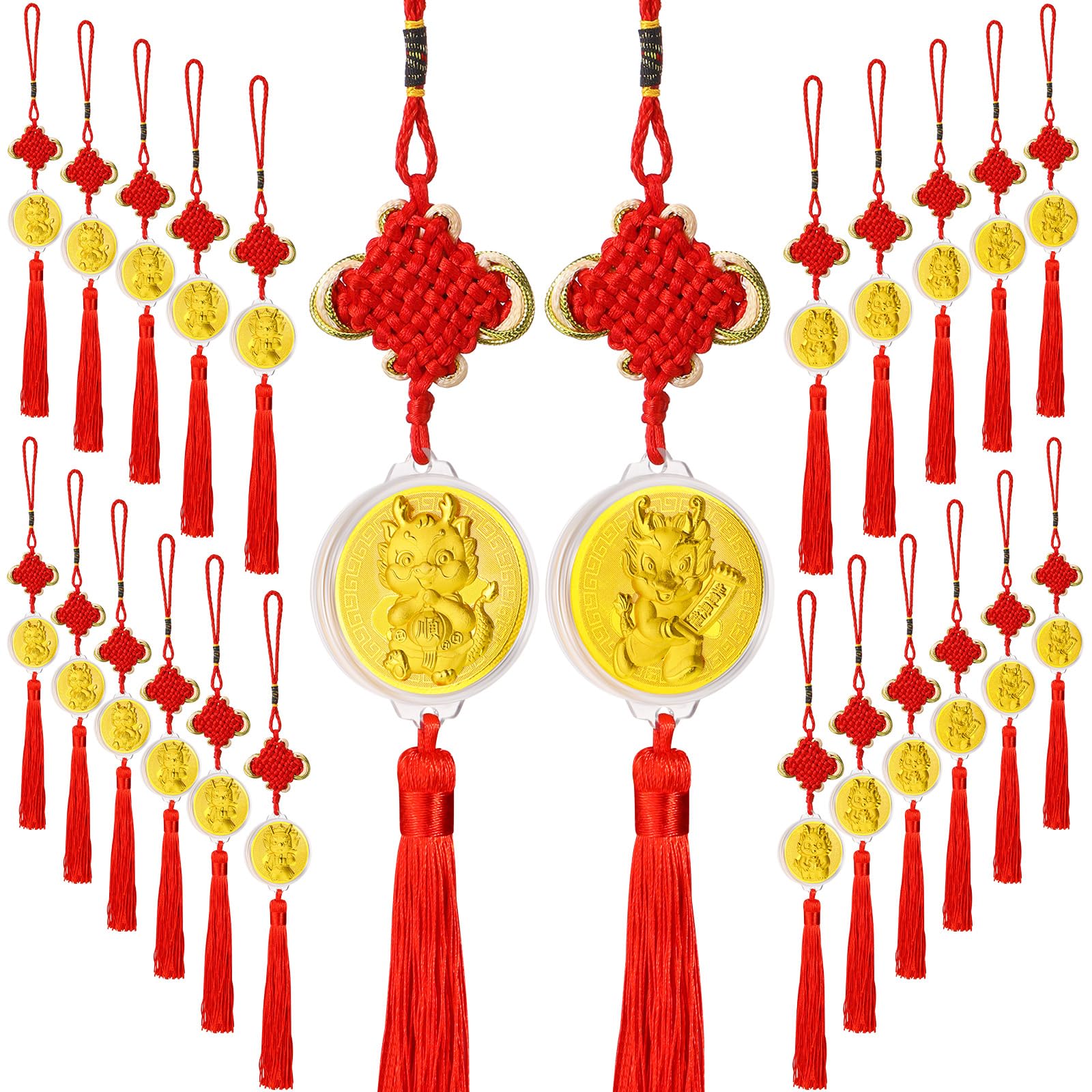 Chinese New Year Decorations 2023/2024 Year of The Dragon Coins Gold Feng Shui Hanging Pendants Chinese Knot Lucky Charm Car Ornament for Chinese Spring Festival Luck Wealth (Dragon,24 Pieces)