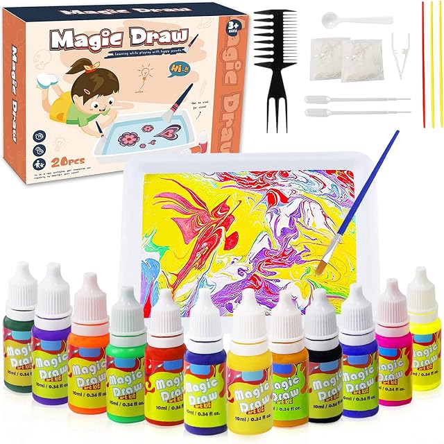 Jsvacva Water Marbling Paint Art Kit for Kids, 12 Colours Water Art Paint Set, Non-Toxic Painting on Water, Creative Arts and Crafts for Girls & Boys Ages 6-12, Craft Kits Art Set (A5 Size)