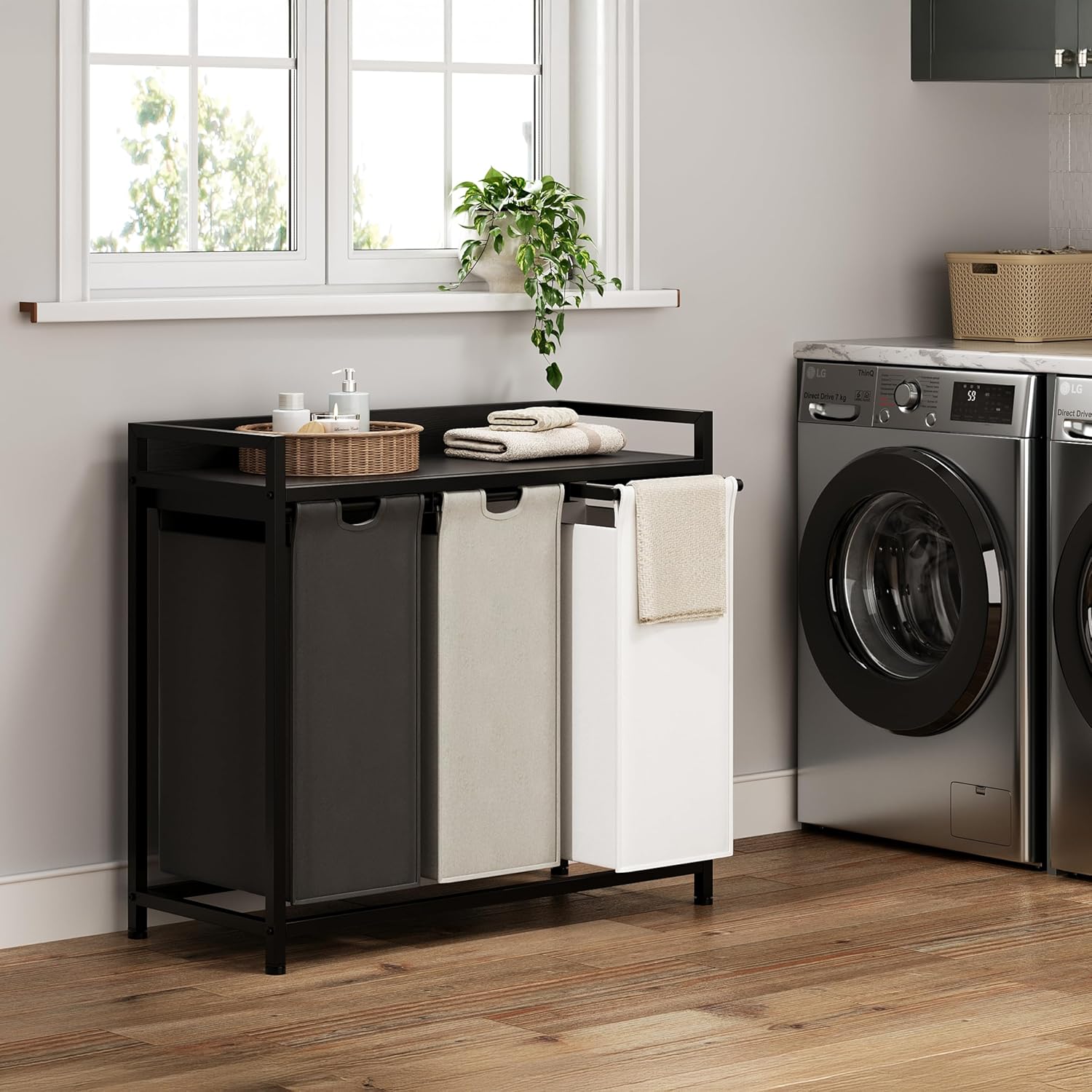 Laundry Hampers with Shelf, Laundry Basket 3 Section, Laundry Sorter with Pull-Out Removable Large 3 Color Bags and Movable Wheels, Metal Frame, 3 x 15.87 Gallons (60L), Black PF04XLK