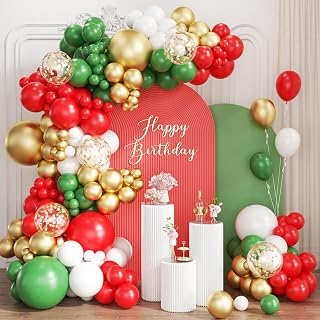 Red White Green and Gold Balloon Arch Kit, 167Pcs Christmas Balloons Different Sizes 18 12 10 5 inch for Birthday Baby Shower New Year Xmas Holiday Party Decorations