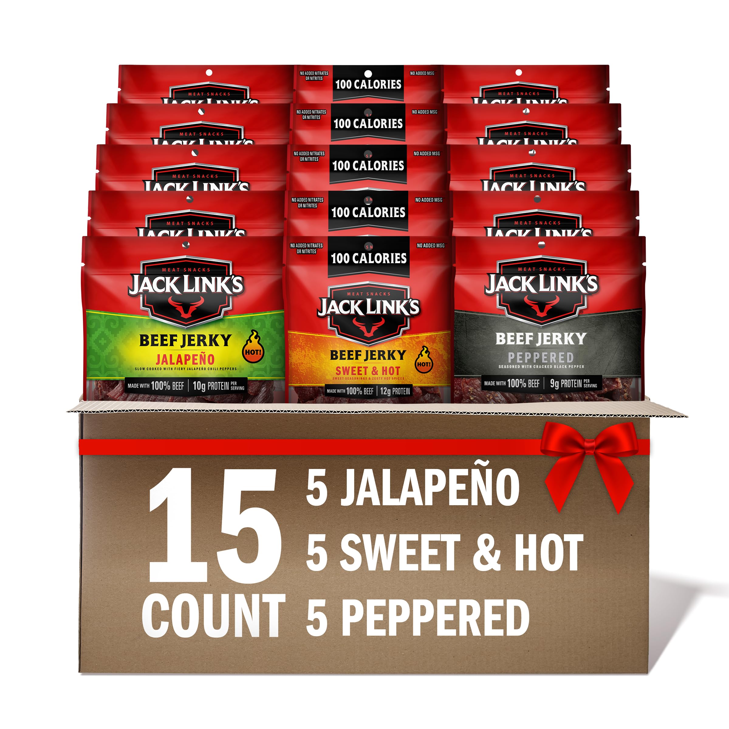Jack Link's Beef Jerky Bold Variety Pack - Includes Sweet & Hot, Jalapeno and Peppered Jerky, Bulk Protein Snack Pack, Good Source of Protein, Meat Snacks Made with 100% Beef - 1.25 Oz (Pack of 15)