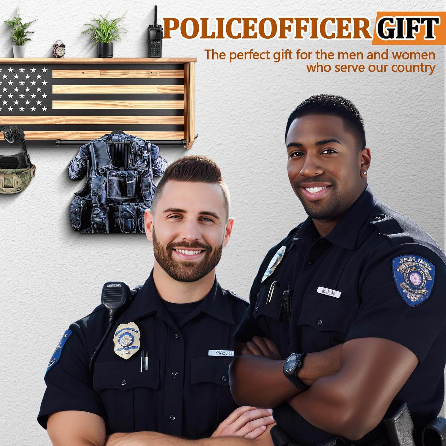 Police Duty Gear Rack Police Vest Wall Mounted USA Flag Tactical Gear Stand Plate Carrier Hanger Law Enforcement Shelf Organizer for Policeman Academy Graduation Gift