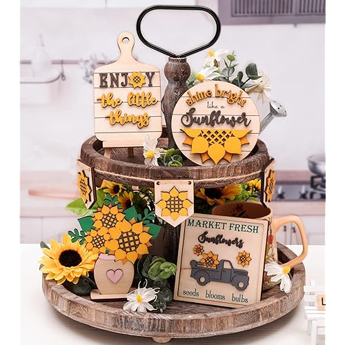 Farmhouse Sunflower Decorations - Rustic Sunflower Tiered Tray Decor - Spring Summer Fall Wooden Signs for Home Kitchen Bathroom Table Bedroom Room Indoor (Tray Not Included)