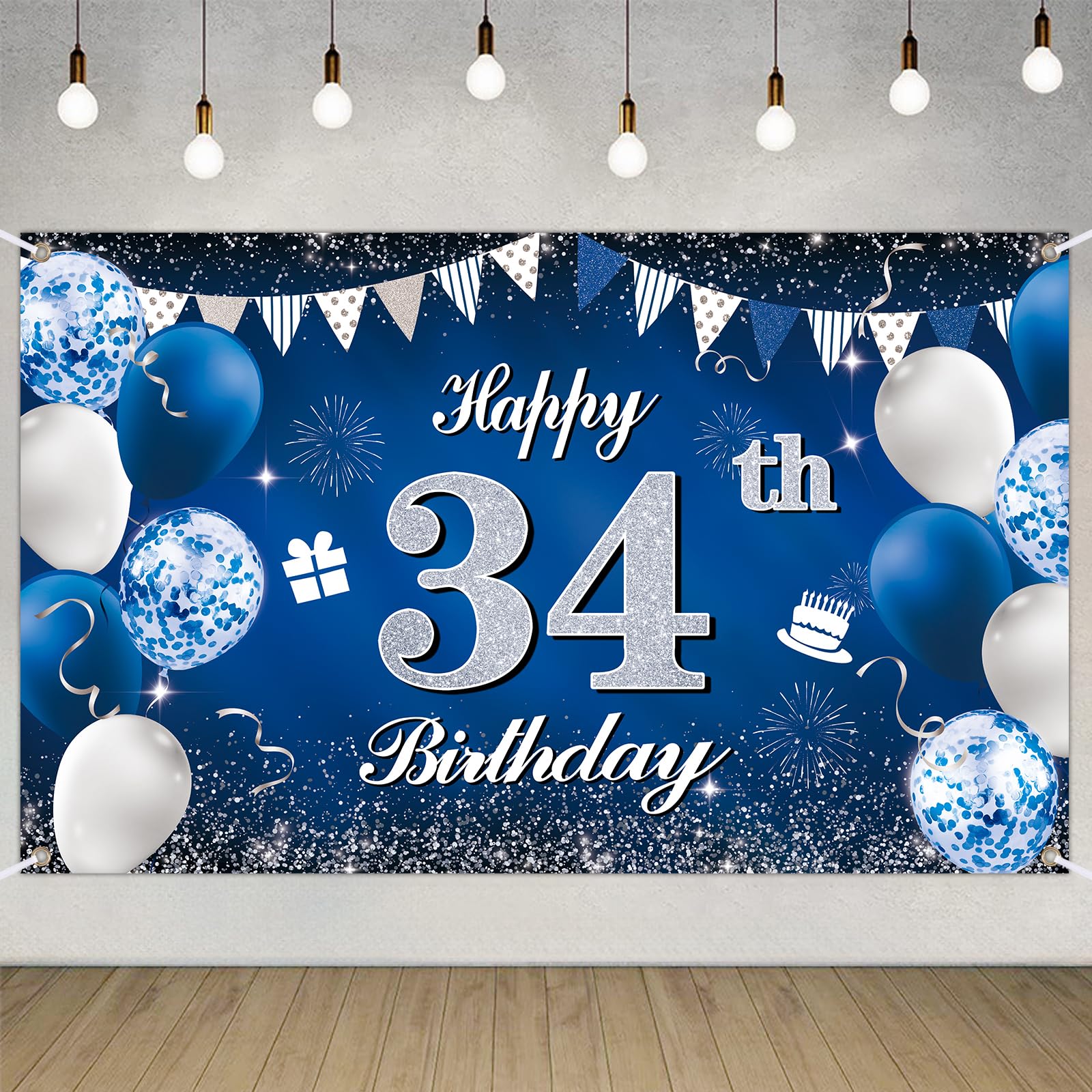 Happy 34th Birthday Decorations Blue Birthday Banner for Party Backdrop for Men Women Party Decoration Supplies — image 1
