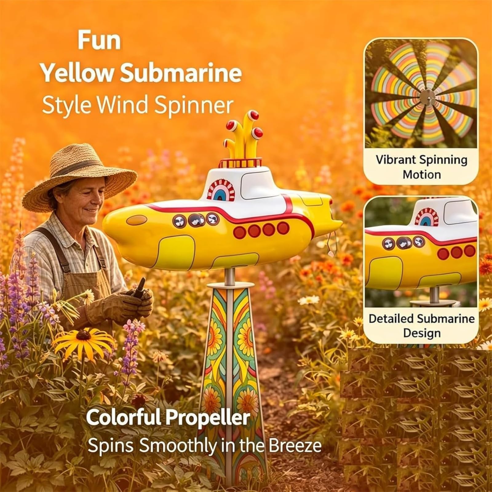 Yellow Submarine Wind Spinner, Heavy Duty Metal Rotating Yard Art, Kinetic Outdoor Garden Decor for Patio, Lawn, Flower Bed – UV-Resistant, Non-Fading Submarine Windmill (#a) — view 6
