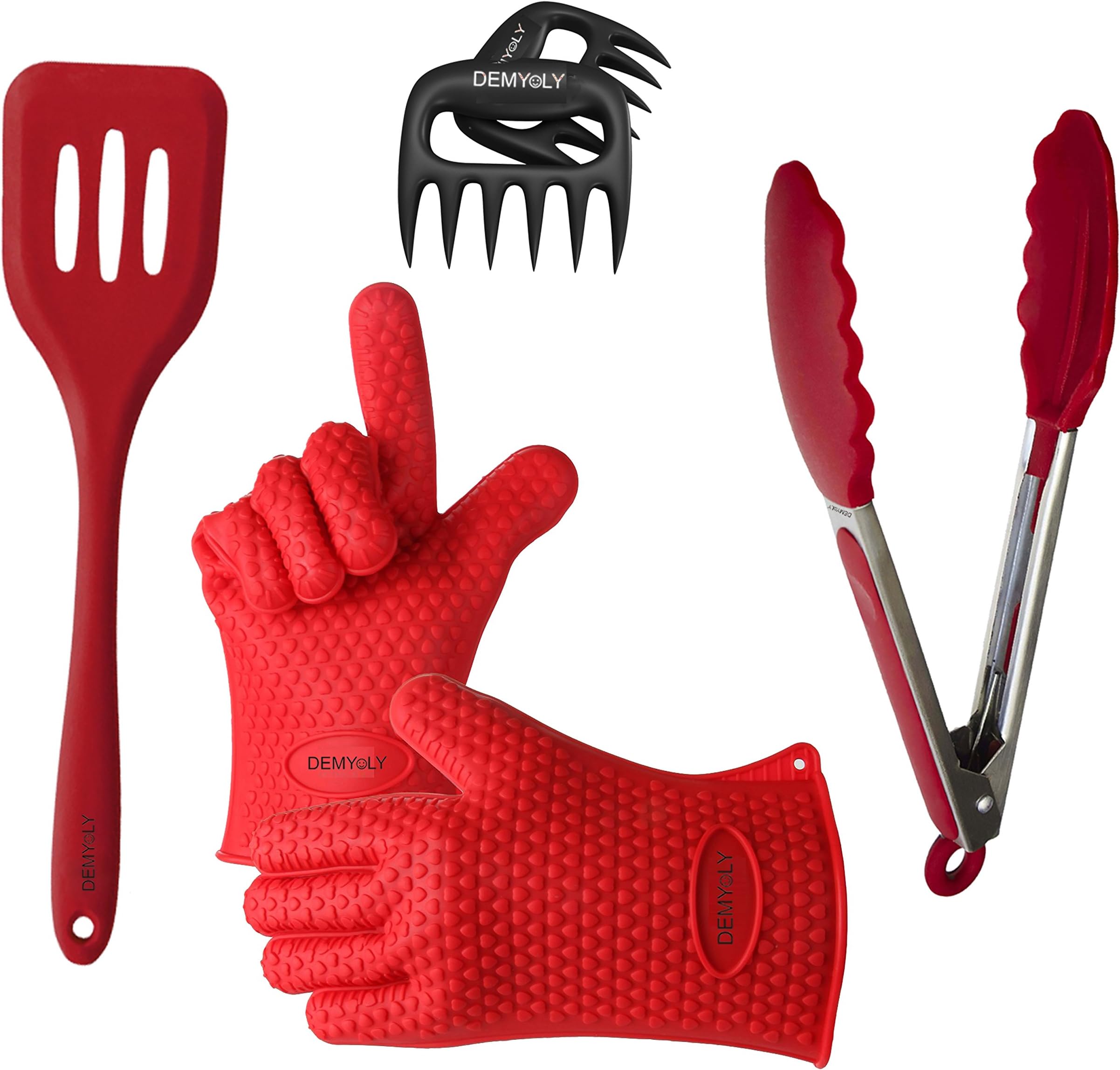 Kitchen & BBQ Tool Set- Heat Resistant Silicone Gloves for Cooking, Grilling Barbecue, Baking. Durability For Temperatures Up To 425 F° includes Tongs with Silicone Tips-Meat Claws-Silicone Spatula