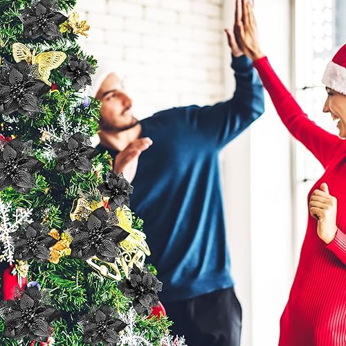 Vista 39 de Boao 24 Pieces Christmas Artificial Glitter Poinsettia Flowers Xmas Flowers Wedding Christmas Tree New Year Ornaments(Green)