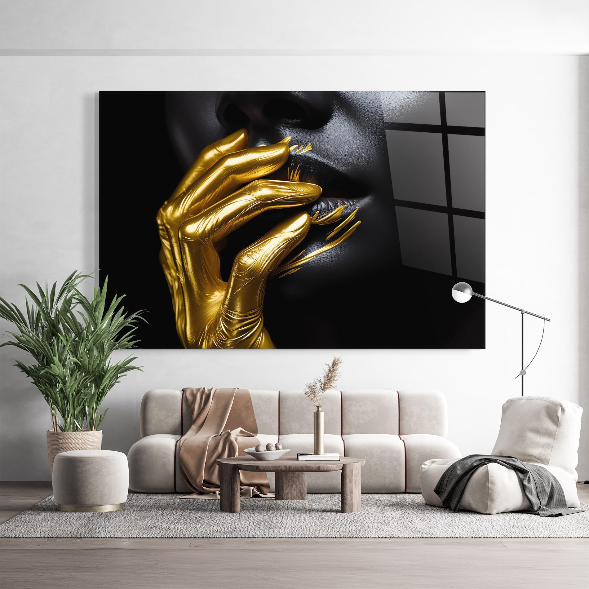 ARTHUB® Moderne impression sur verre 70x100 cm, 4mm verre trempé | Tableau en verre salon et chambre, Décoration murale moderne, Décoration intérieure, femmes, Gold Small Hand