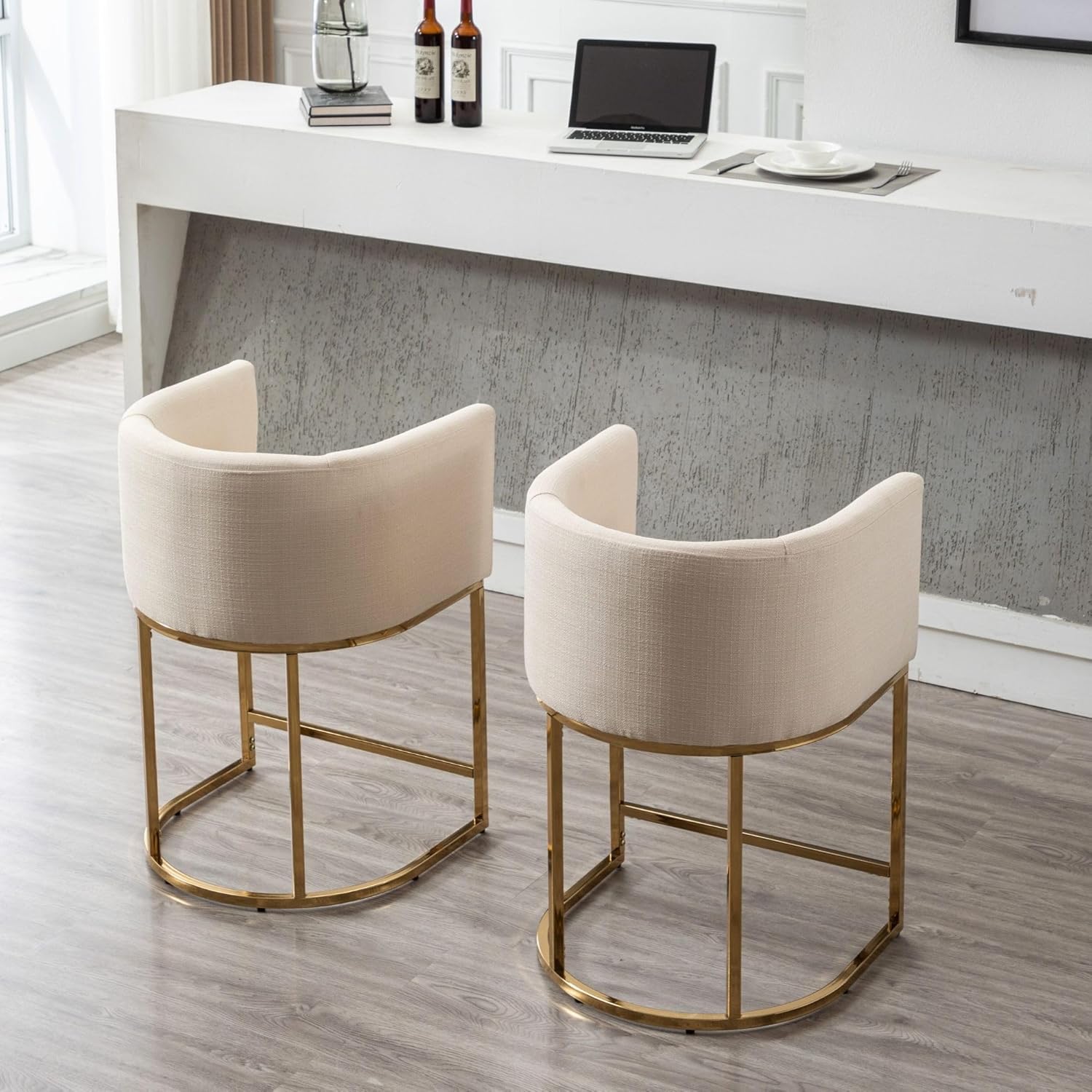 Modern Bar Stools Set of 2, 24" Linen Upholstered Counter Height Kitchen Island Stools Bar Chairs with Golden Metal Frame, Cream