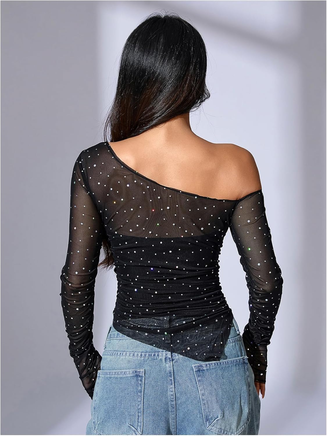 MakeMeChic Women's Sequin Sheer Top One Shoulder Ruched Long Sleeve Tee Shirt - Image 3