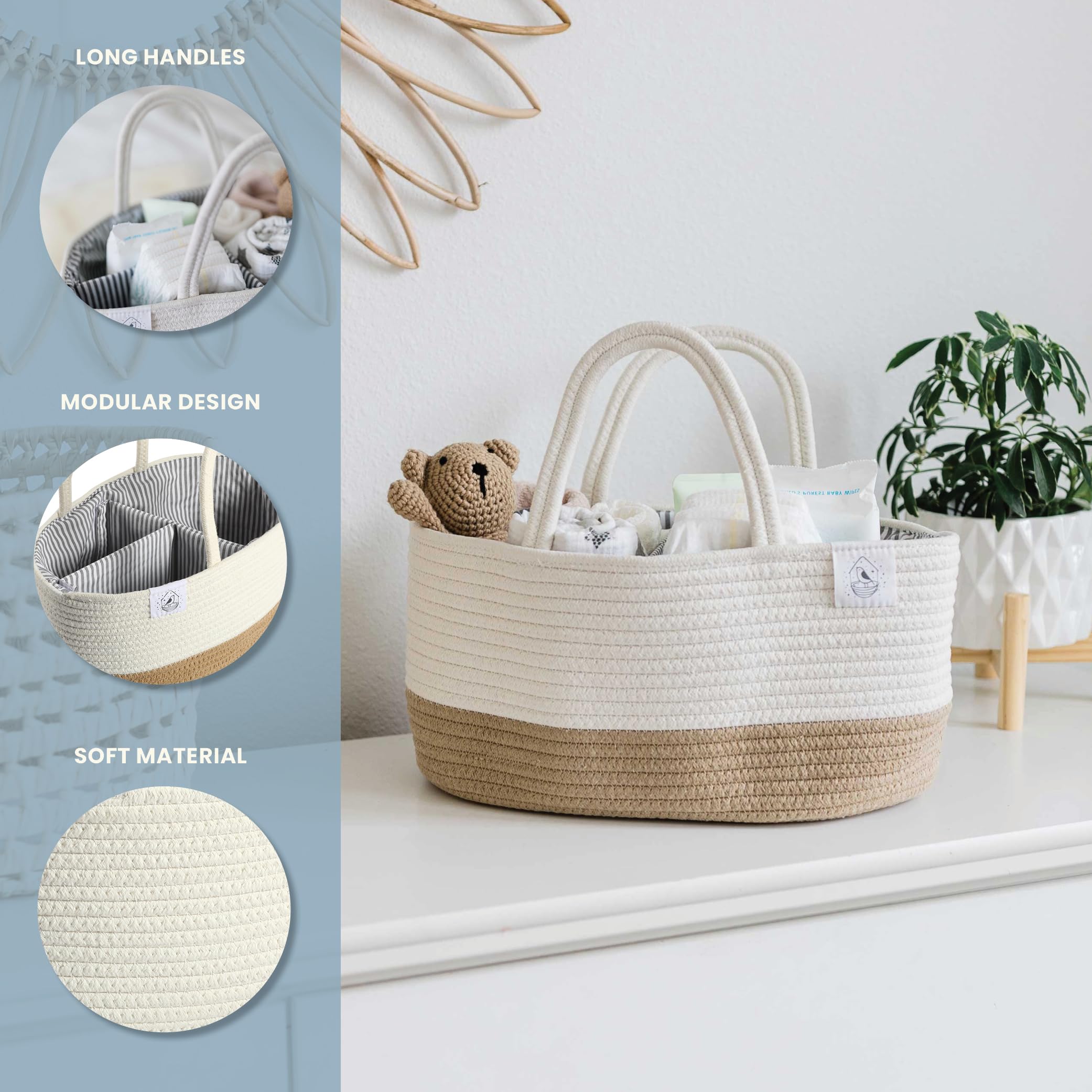 OrganiHaus Panier Rangement en Corde pour Bébé - Organiseur à Couches, Articles de Puériculture et Cadeaux Nouveau-Nés, avec Poignées - Miel/Blanc