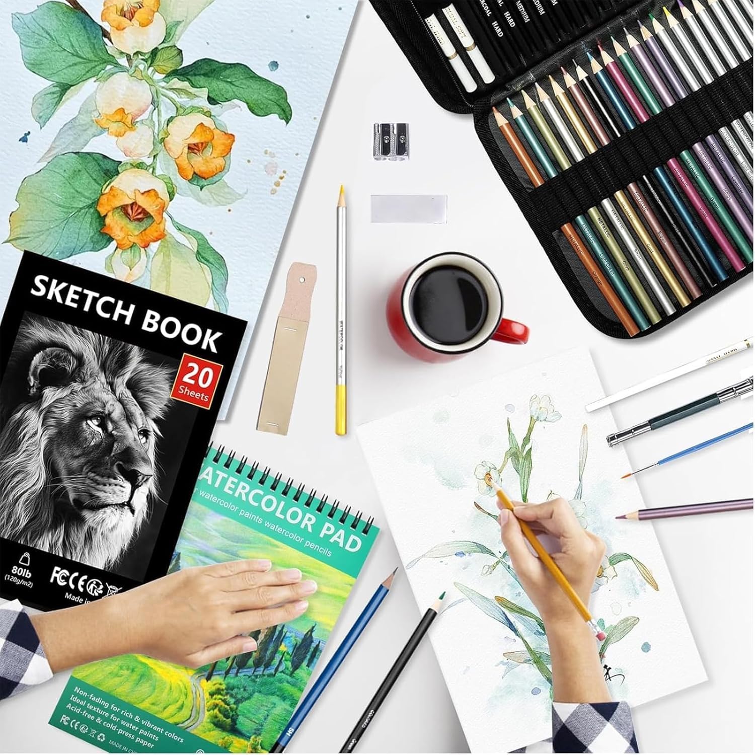 Skizzenbuch A4 Künstlerbedarf Anfänger 76-teiliges Zeichenset Für Künstler  \u0026 Anfänger - Mit Skizzenbuch, Buntstiften \u0026 Aquarellpapier Bleistift 6b  Stifte Selber Machen Set Kinder, image size:1500x1500