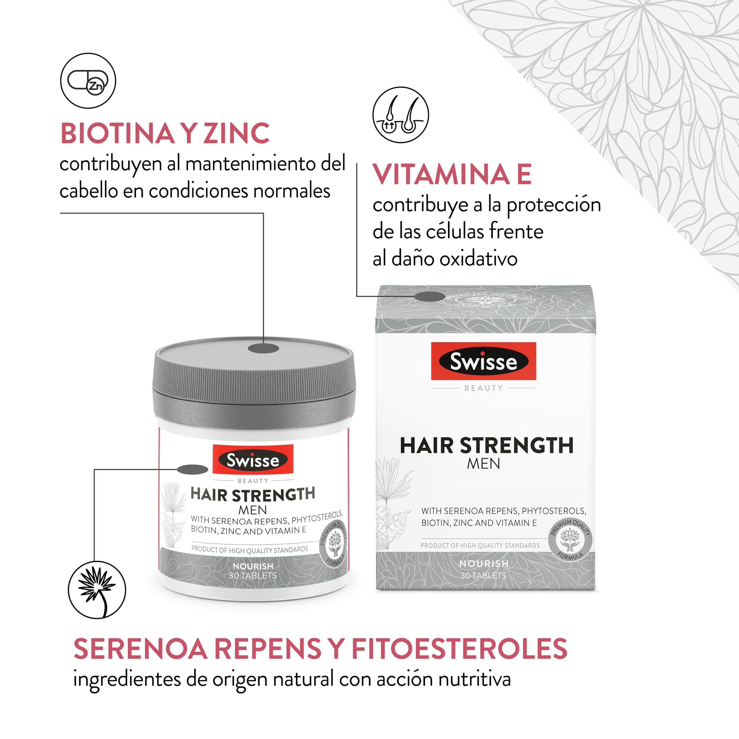 SWISSE Fuerza del Cabello Hombres - Suplemento con Biotina para el Cabello Hombre con Zinc y Vitamina E 30 Comprimidos, Complemento con Vitaminas para el Cabello Fuerte Acción Nutritiva