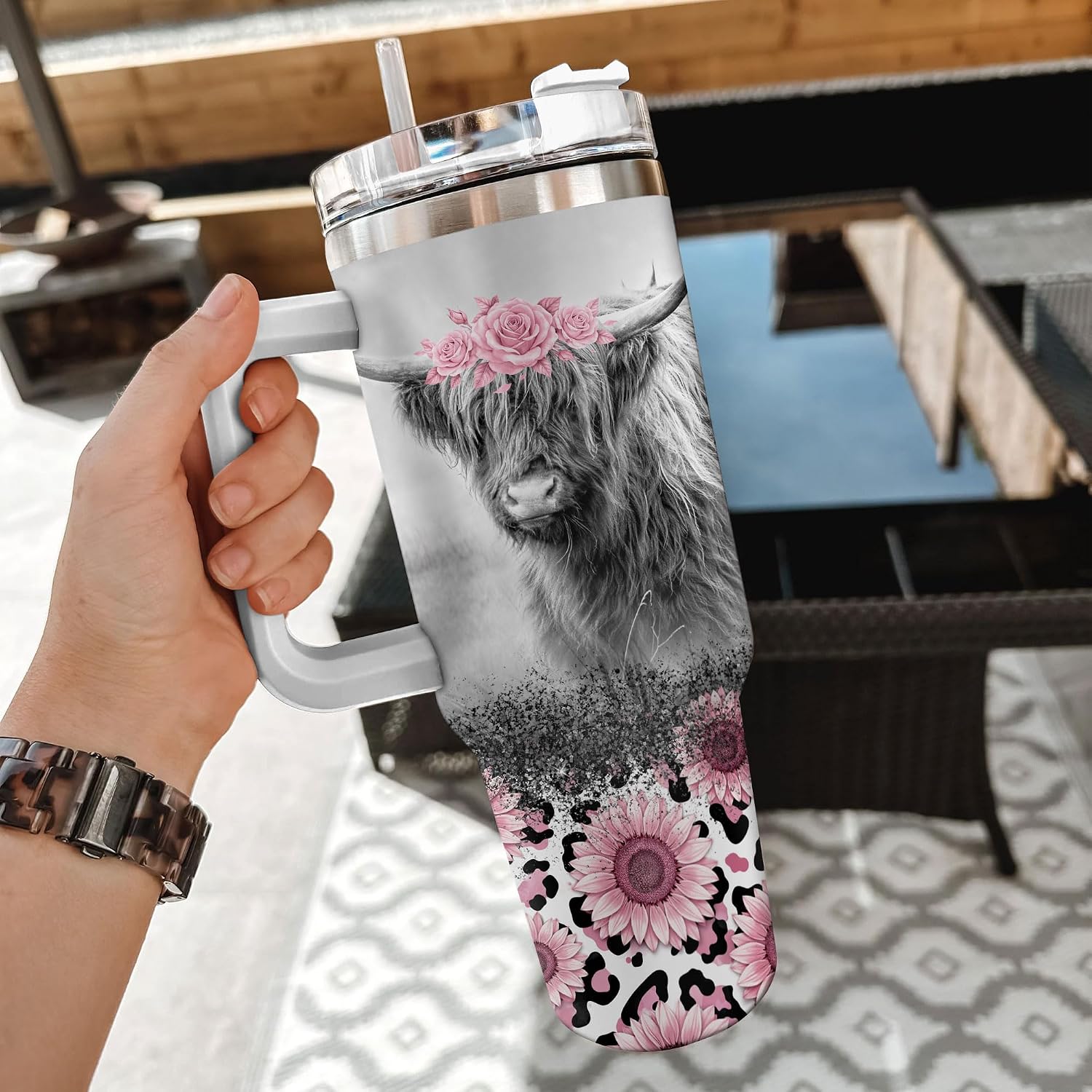 Hyturtle Personalized Highland Cow Tumbler 40 Oz with Handle and Straw - Stainless Steel Travel Coffee Cup With Lid - Highland Cow Gifts For Women On Birthday Christmas Mothers Day