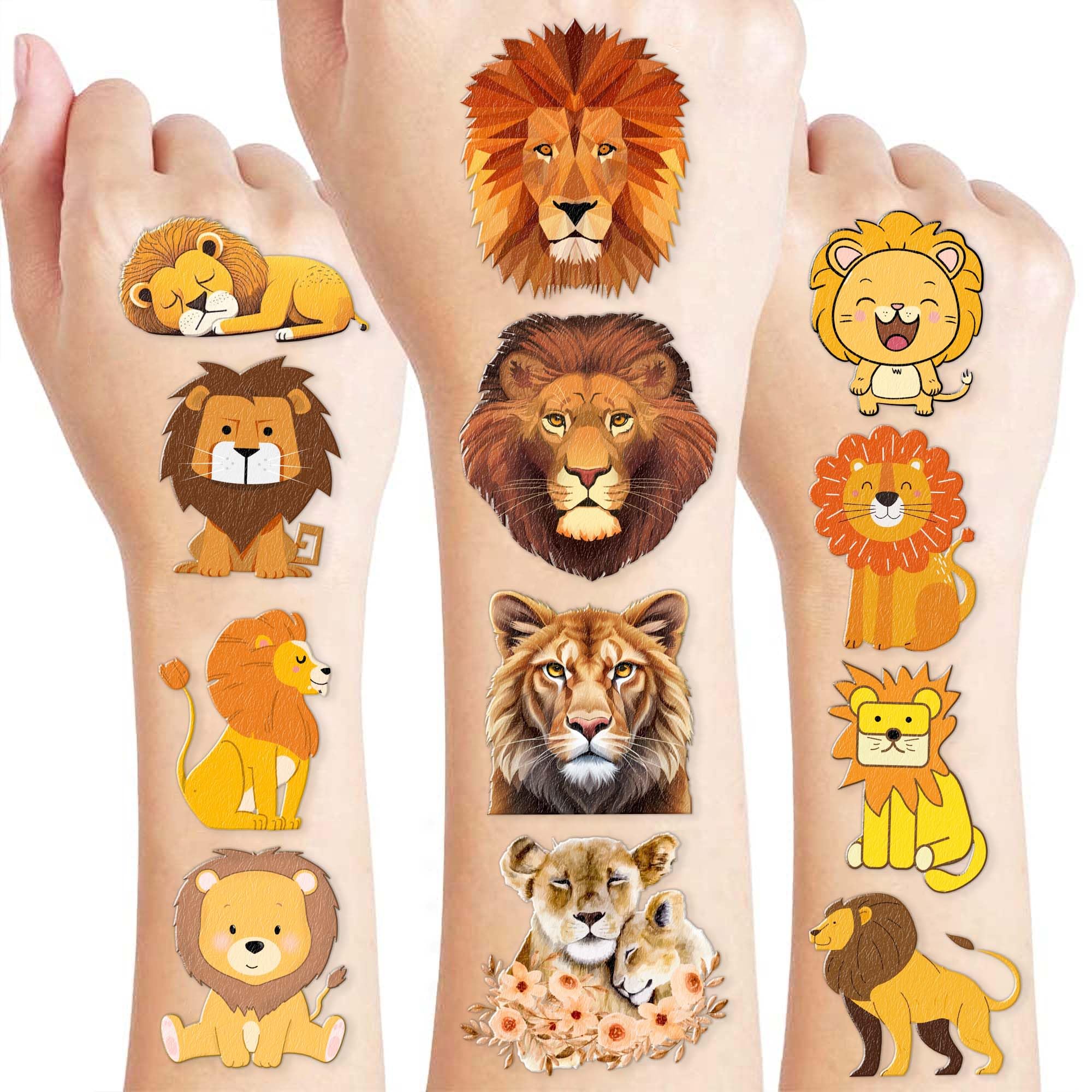 96PCS Cute Lion Pre-Cut Temporary Tattoos – Safari Jungle Theme Birthday Party Decorations Supplies, Party Favors, Fun Stickers for Kids Adults Boys Girls, Classroom Gifts & Rewards
