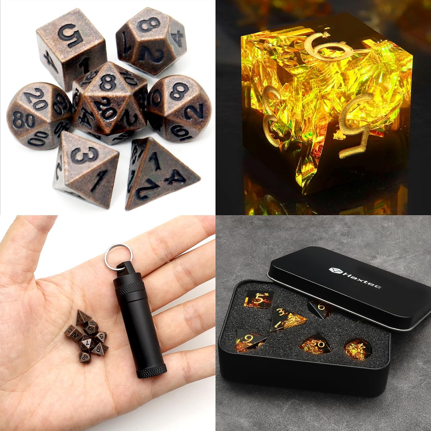 Haxtec Sharp Edge Dice Set Yellow Black Resin Dice and Mini Dice Set Tiny Small Metal DND Dice Set Portable Antque Copper Metal Dice for Keychain