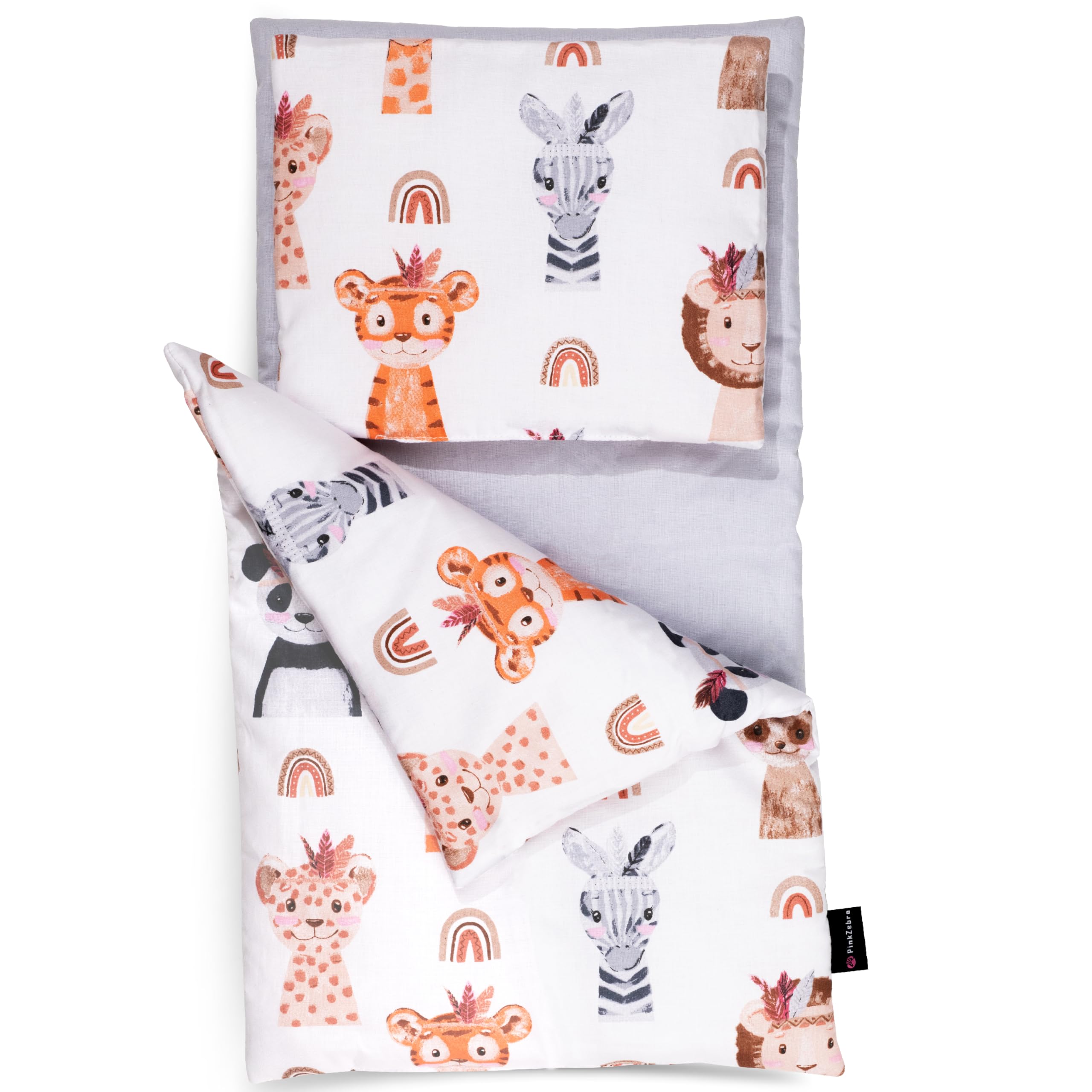 PinkZebra 3-teilig Puppenbettwäsche für Puppen bis 48 cm, Decke + Kissen + Matratze, Puppenbettzeug mit Matratze, Bettwäsche aus Baumwolle für Puppenbett, Tierportraits