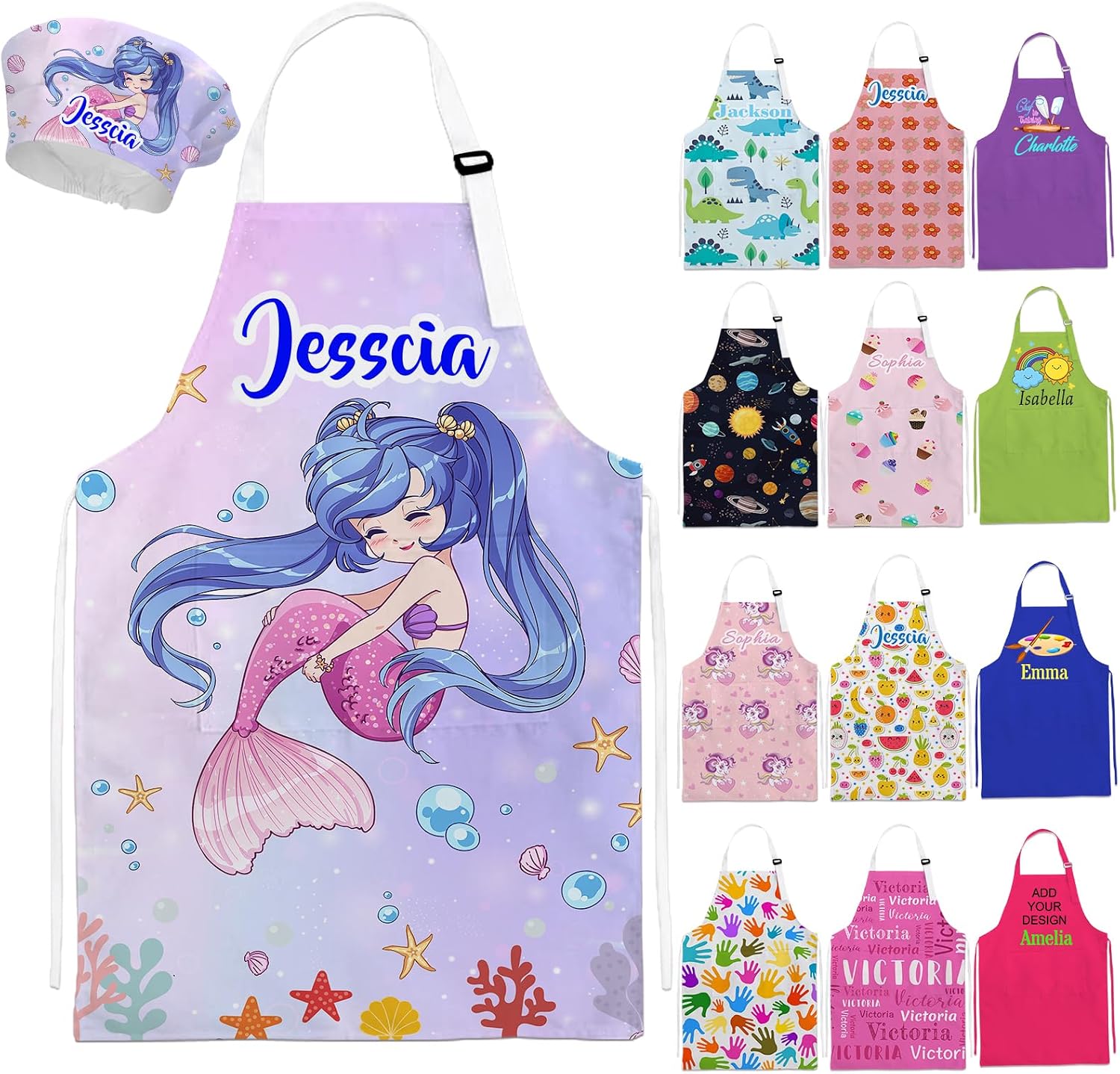 Custom Kids Apron Chef Hat Set with Pocket Personalized Aprons with Name for Cooking Baking Gift for Boys Girls