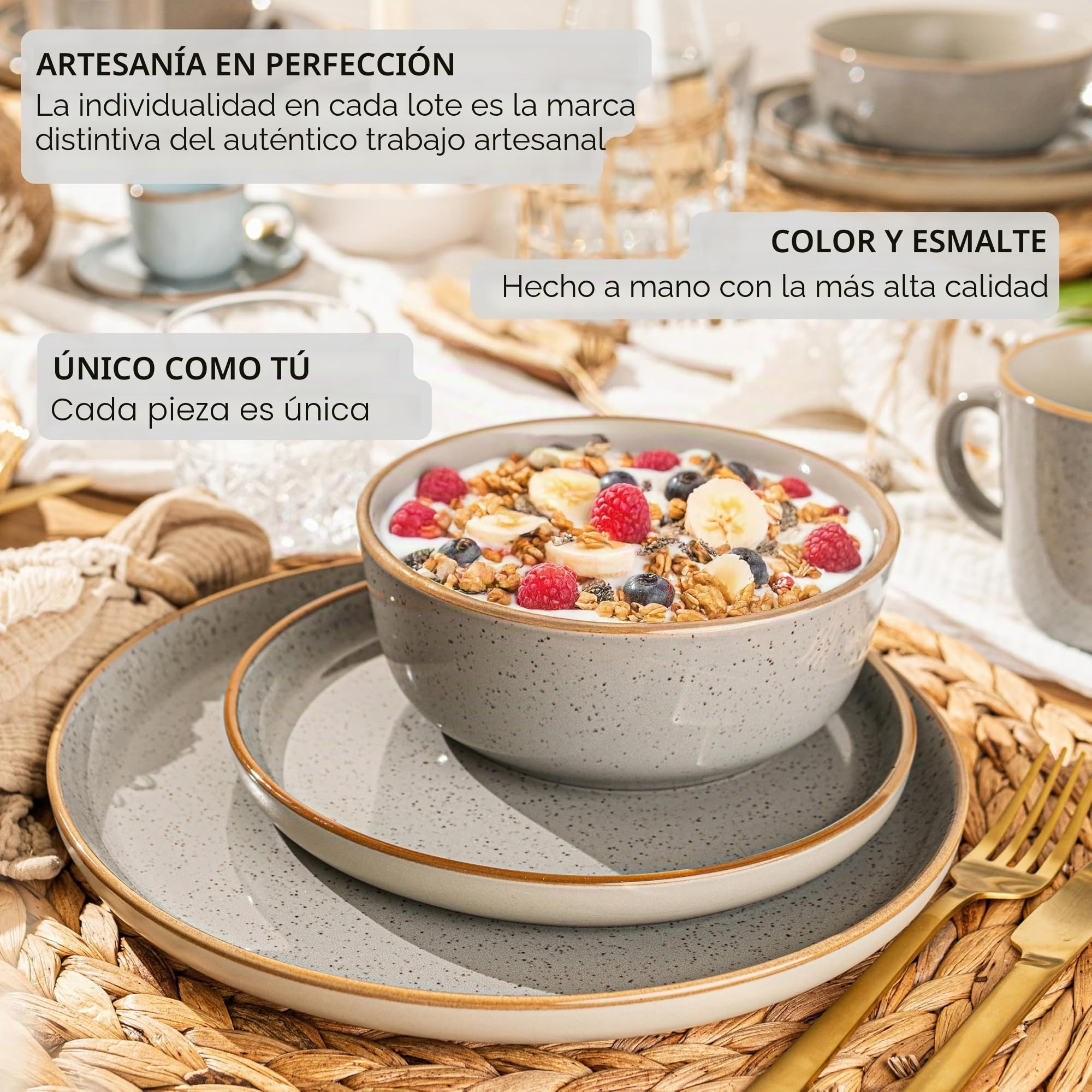 SÄNGER Rio Pearl Grey Vajilla de 18 piezas, vajilla de gres, juego de vajilla para 6 personas, 6 platos llanos, 6 platos de postre, 6 cuencos y cuencos grises, colección Value Collection