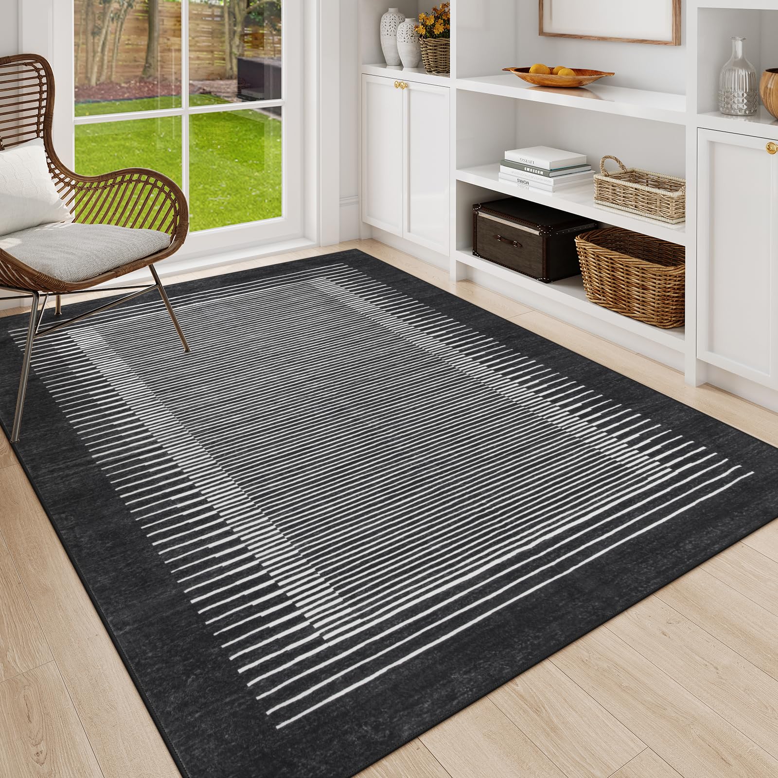 Morebes Modern Washable 5x7 Rug for Living Room, Geometric Striped Bedroom Rug Non Slip Office Rug, Stain-Resistant Low Pile Soft Indoor Floor Carpet