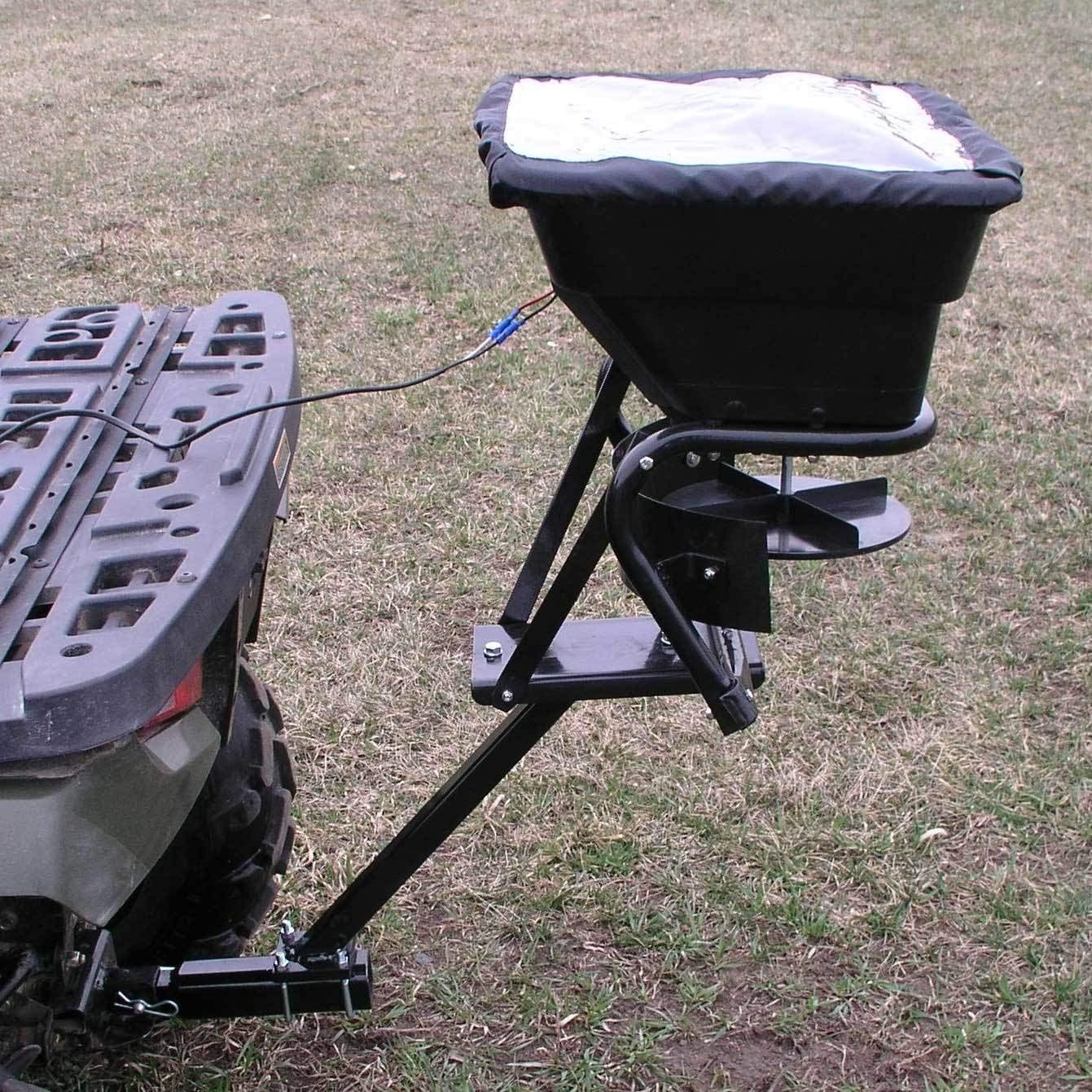 Field Tuff 12V 80 Pound Capacity Grass Seed Fertilizer Spreader with Hitch Mount Receiver and Rain Protector for ATV, UTV, or Utility Tractor