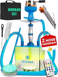 Blue Hookah Set with Everything – 18" Hookah Set 2 Hose with LED Acrylic Base, Easy Setup, and Large Cloud Performance Hookah Machine - Premium Hookah 2 Hose for Home & Parties