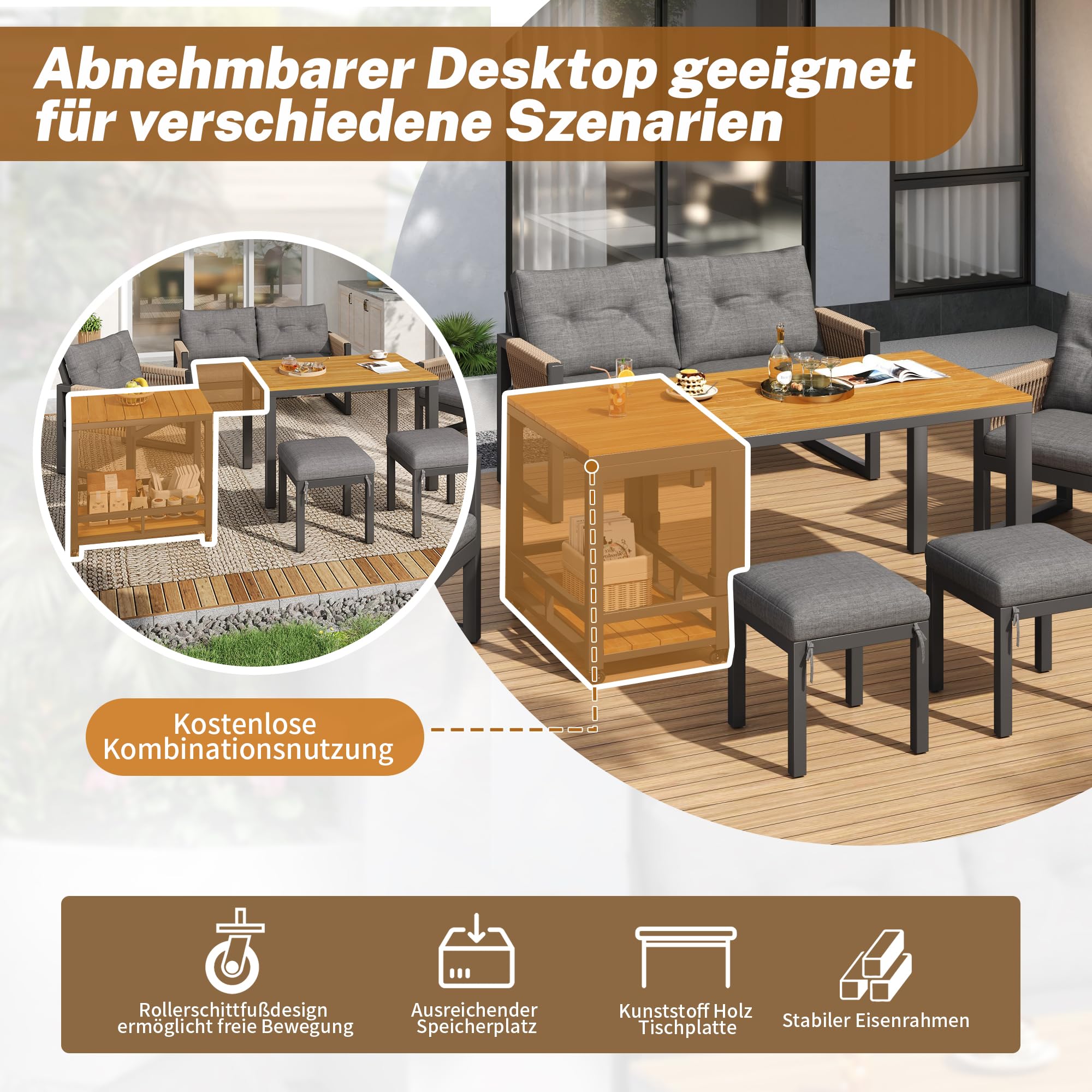 Gartenmöbel Sitzgruppe für 6 Personen, Outdoor Möbel 6-teilig mit Sofa und Couchtisch, Gartenmöbel Set mit Sitzkissen und Kissen, Balkonmöbel Essgruppe für Garten Balkon Terrasse, Grau+Natur