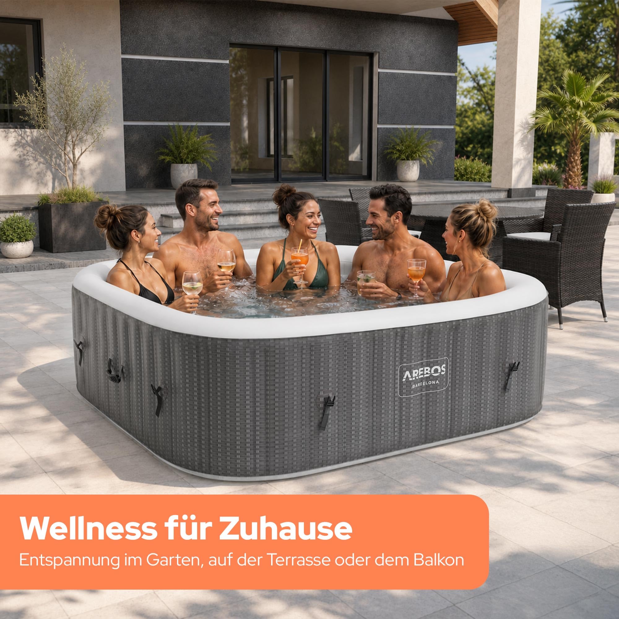 Arebos Spa Whirlpool 2400W | In-Outdoor Pool | für 6 Personen 185x185cm | 130 Massagedüsen, 910 L mit Heizung, Aufblasfunktion per Knopfdruck, inkl. Abdeckung, Bubble Spa & Wellness Massage