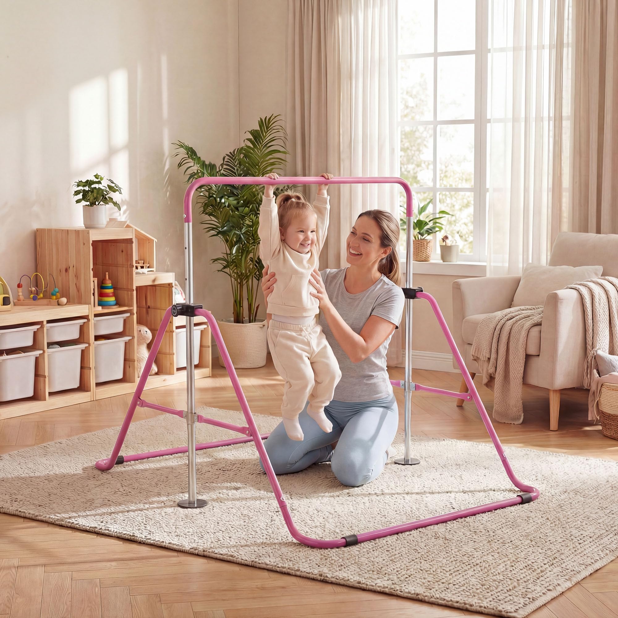 KOMFOTTEU Barra da ginnastica pieghevole per bambini, barra orizzontale con altezza regolabile in 5 livelli da 90 a 130 cm, carico di 70 kg, attrezzatura portatile per allenamento per interni esterni