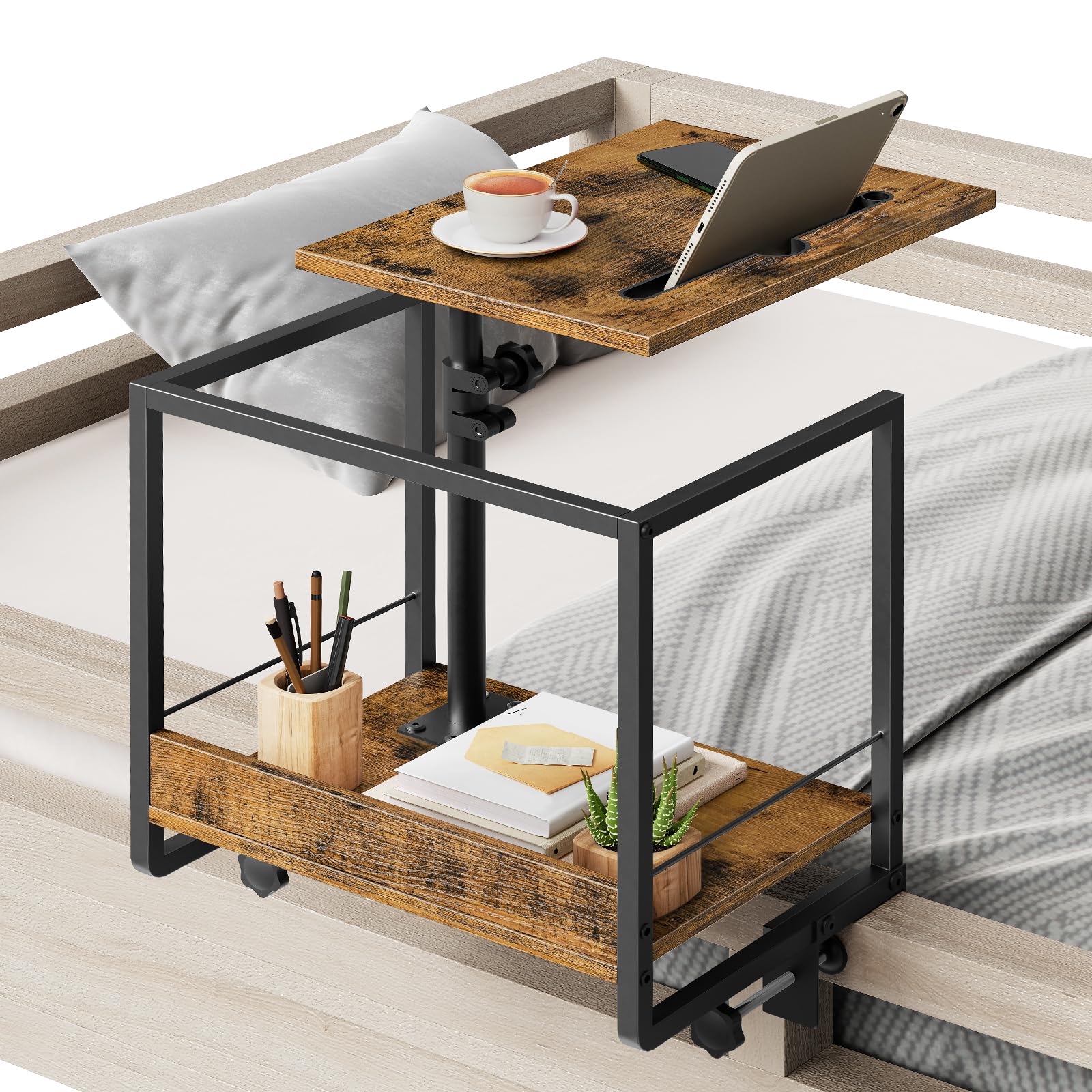 YATINEY Bedside Shelf, Bunk Bed Shelf with 360° Rotating and Height-Adjustable Tray, Clip-on Loft & Drom Bed Side Tray Table, Nightstand with Storage
