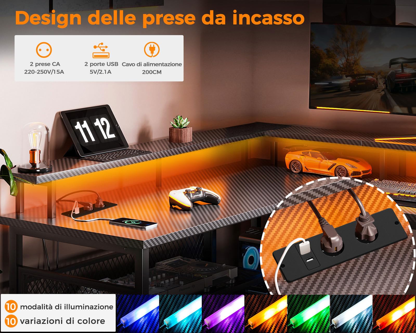 ODK Scrivania Gaming con LED, Scrivania Angolare Reversibile con 2 Prese e 2 Porte USB, Grande Scrivania Gaming Angolare con Ripiano in Rete, Nero Fibra di Carbonio, 150×102 cm