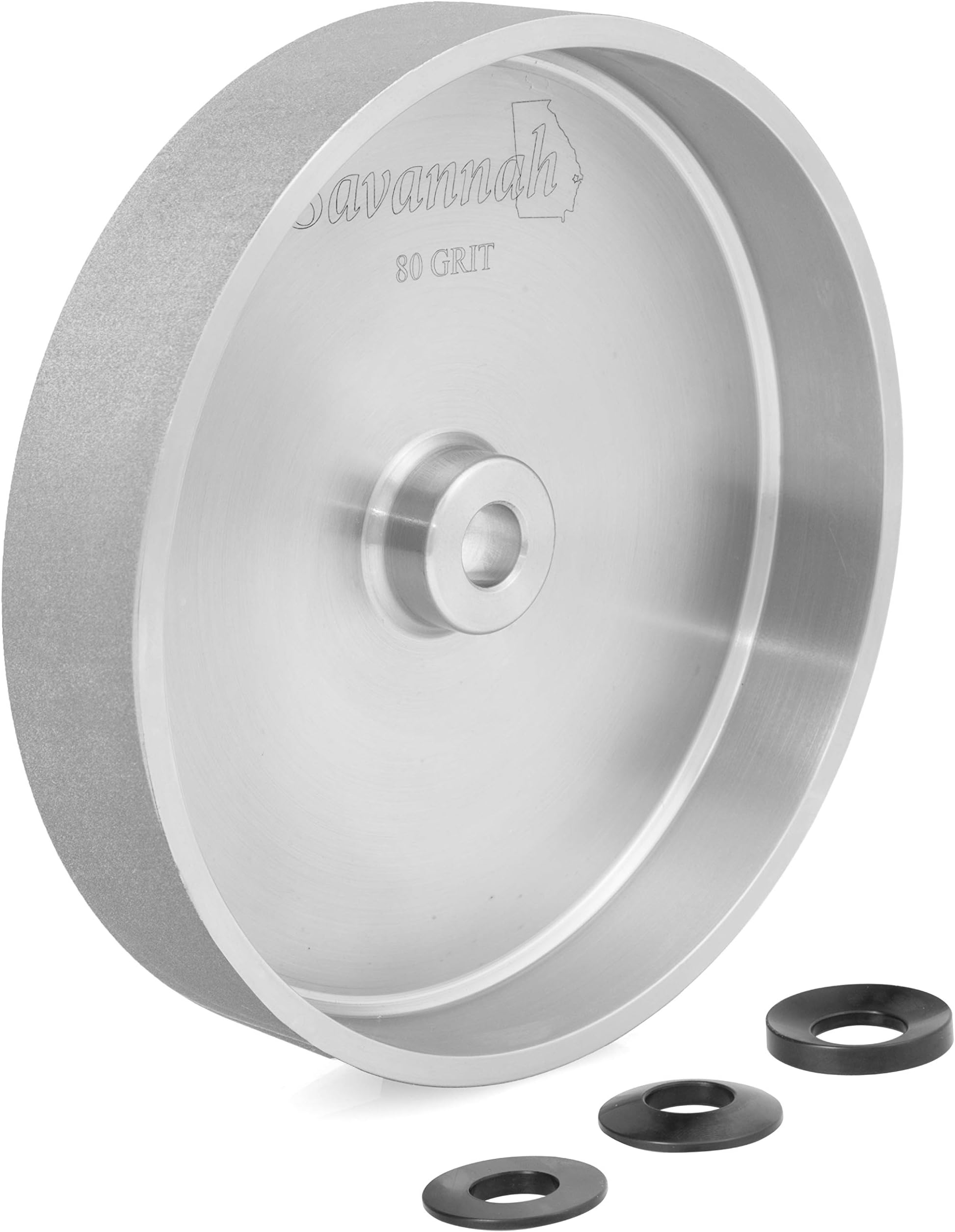 Peachtree Woodworking Supply Savannah 80 Grit 8 inch x 1ยฝ inch Steel CBN Grinding Wheel with a 5/8 inch Bore and a 3 Piece Spherical Washer Set