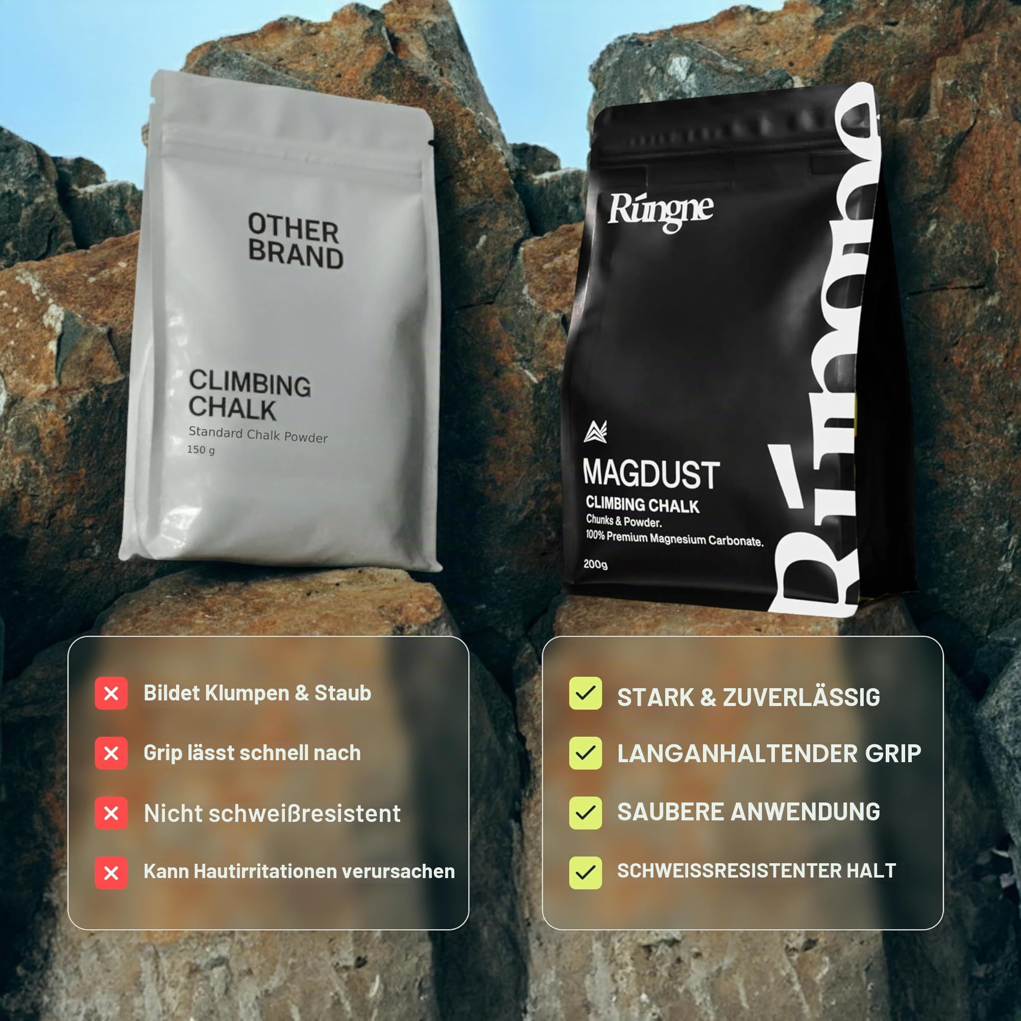 RUNGNE Premium Climbing Chalk - High Performance Chalk for Rock Climbing, Bouldering, Weightlifting & More - Unmatched Grip and Skin Friendly