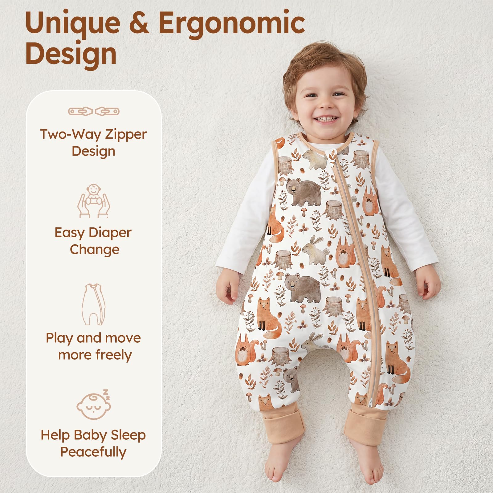 Unnivoll Baby Schlafsack mit Füßen 1,5 Tog 2er Pack Schlafsack Baby Baumwolle Ganzjahre Schlafsack mit Beinen Babyschlafsack Weich 90 cm für Jungen Mädchen Weißbrauner Fuchs